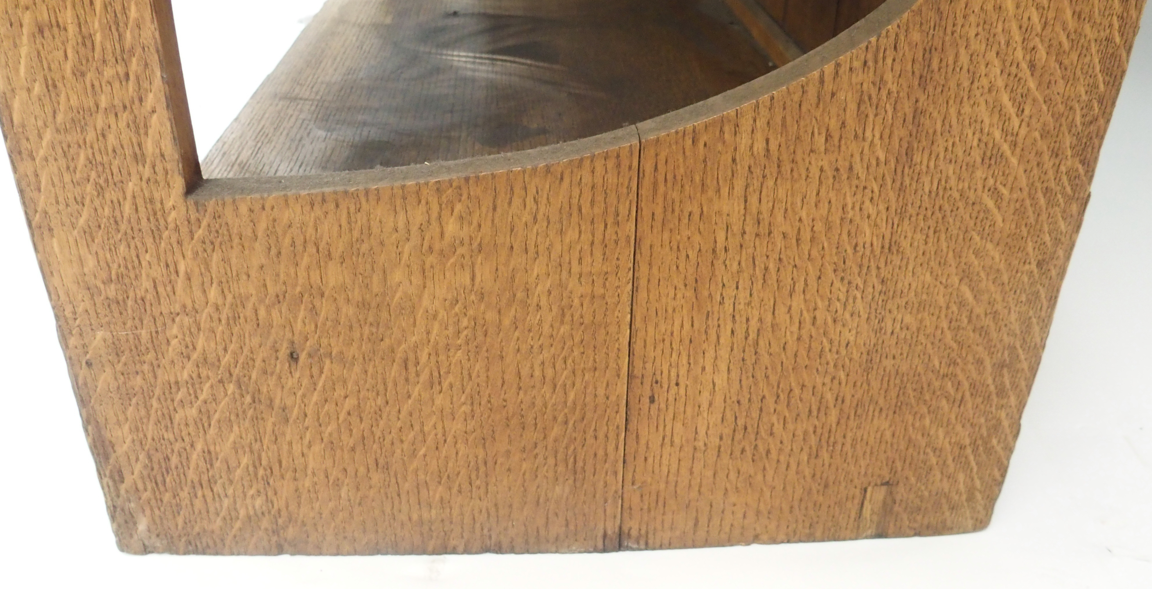 AN ARTS AND CRAFTS OAK DRESSER with open shelves, flanked by embossed inset brass panels and - Image 14 of 15