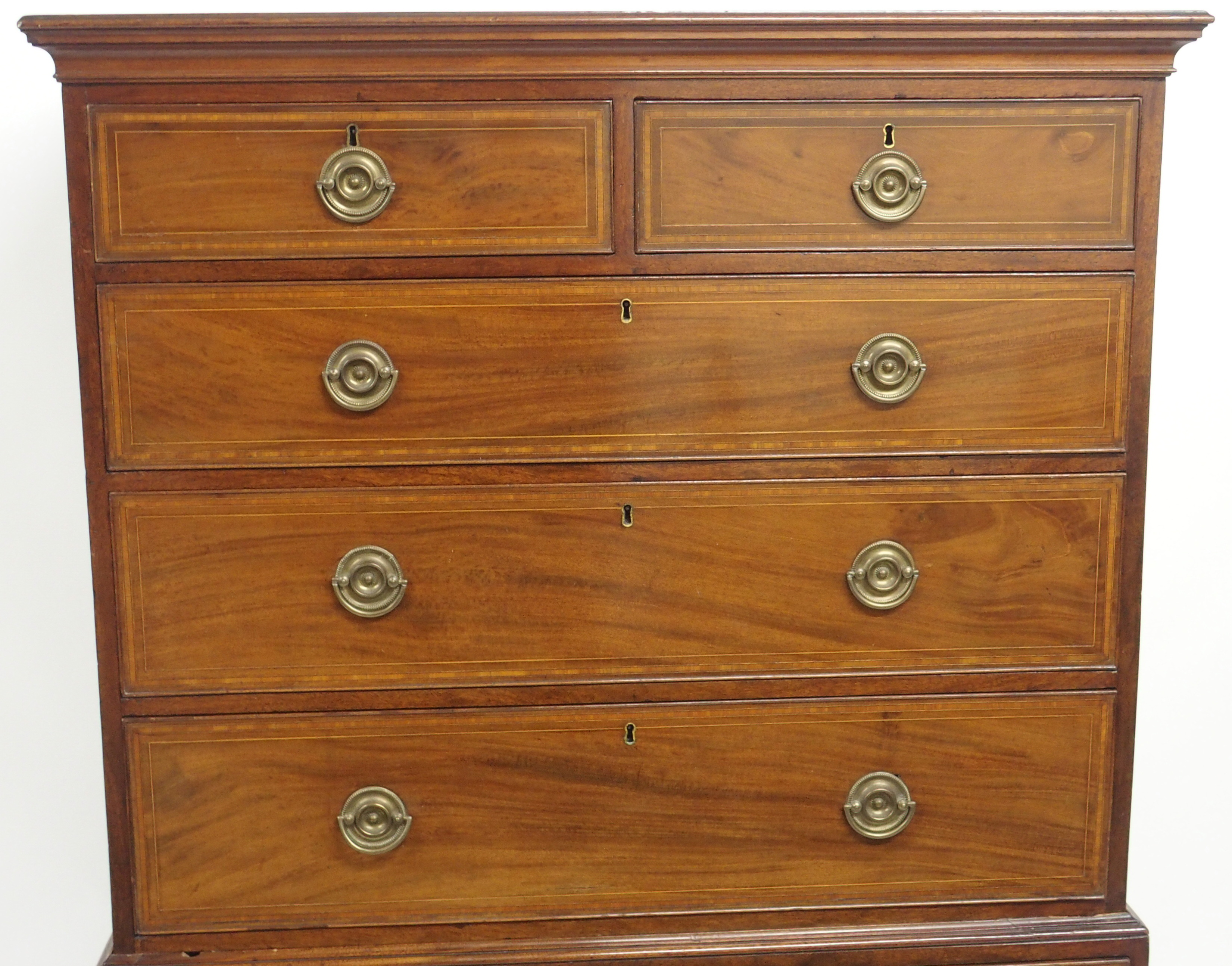 A MAHOGANY AND SATINWOOD CROSS BANDED CHEST ON CHEST with two over three graduating drawers on three - Image 2 of 7