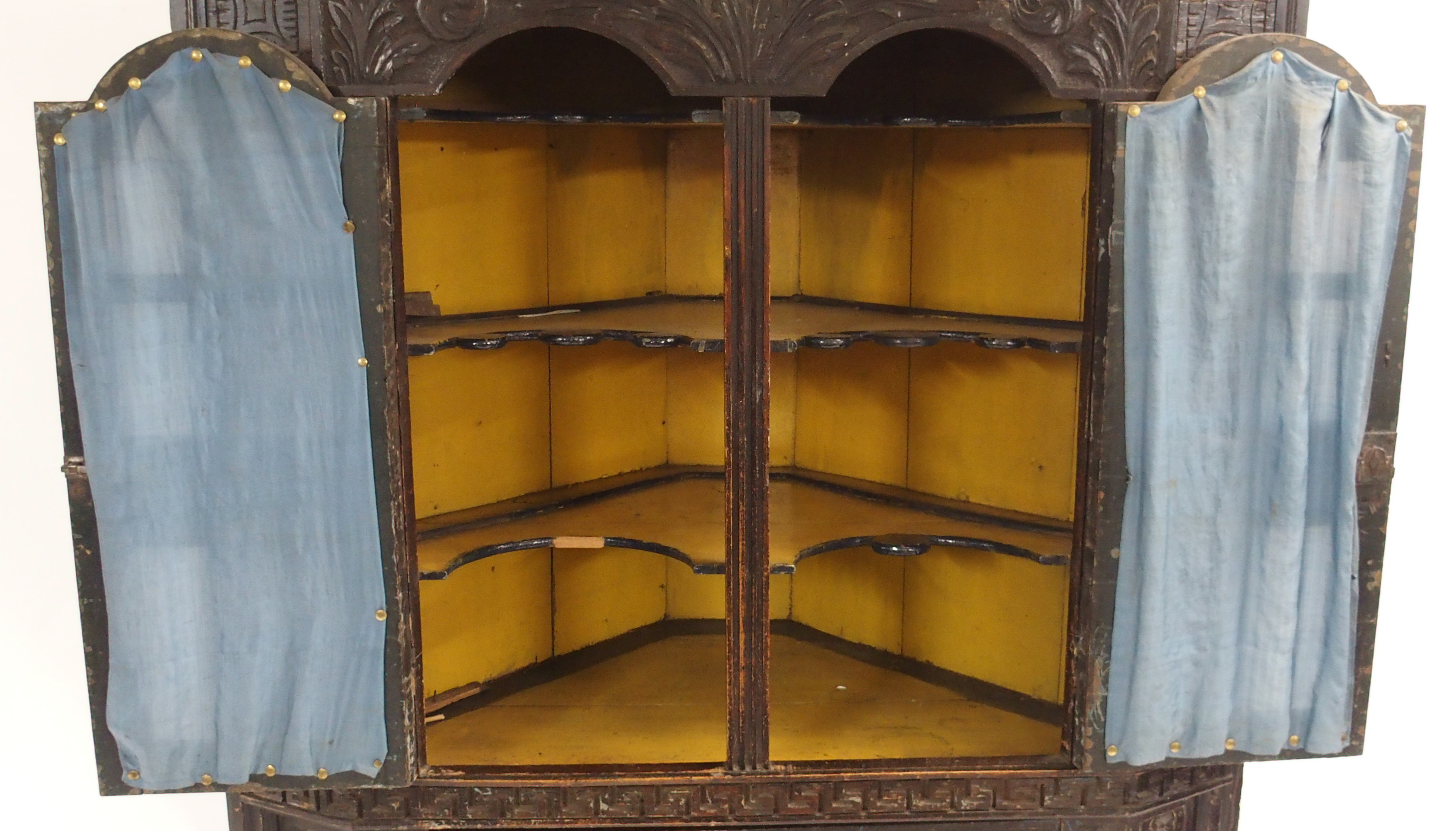 A VICTORIAN STAINED OAK CORNER DISPLAY CABINET carved allover with scrolling foliage, with a pair of - Image 6 of 15