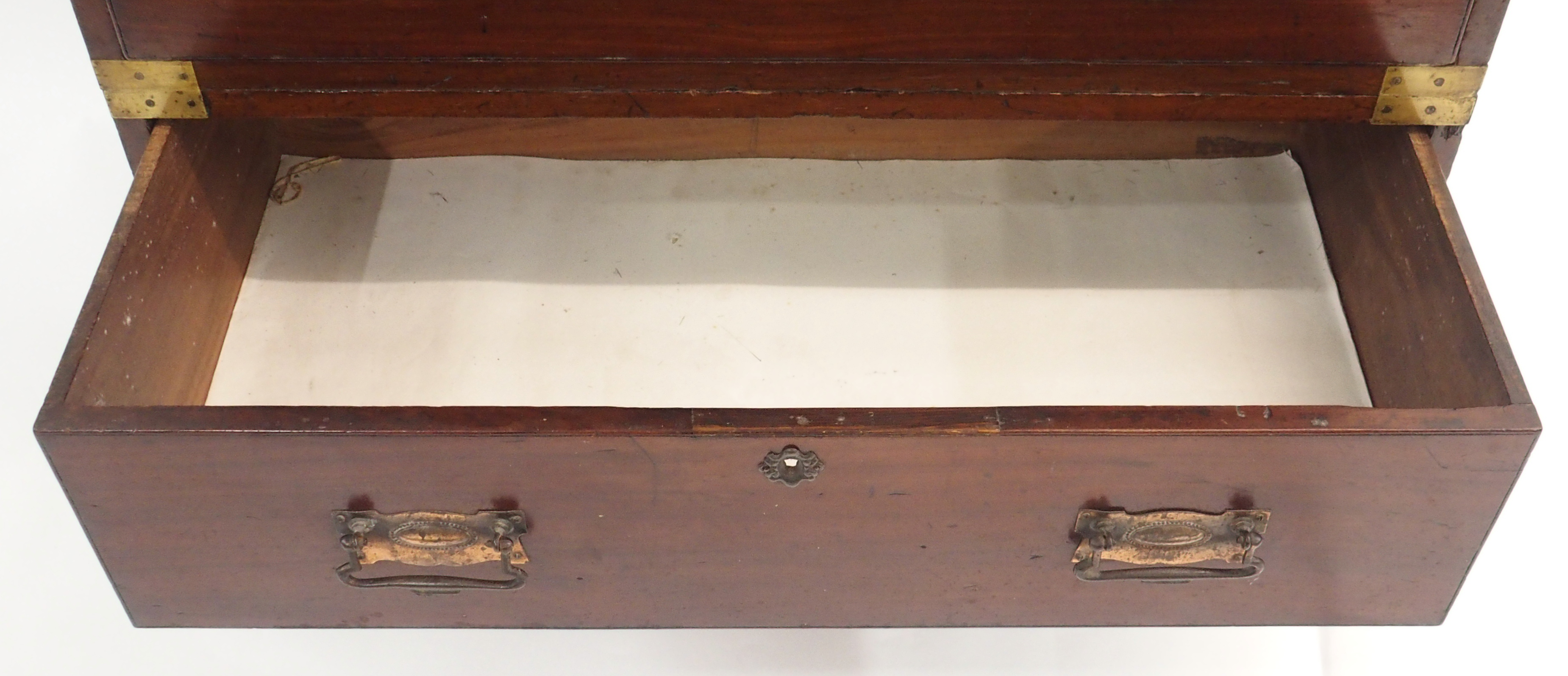 A TWO SECTION MAHOGANY SECRETAIRE CAMPAIGN CHEST The upper fitted drawer over two drawers and a full - Image 9 of 17