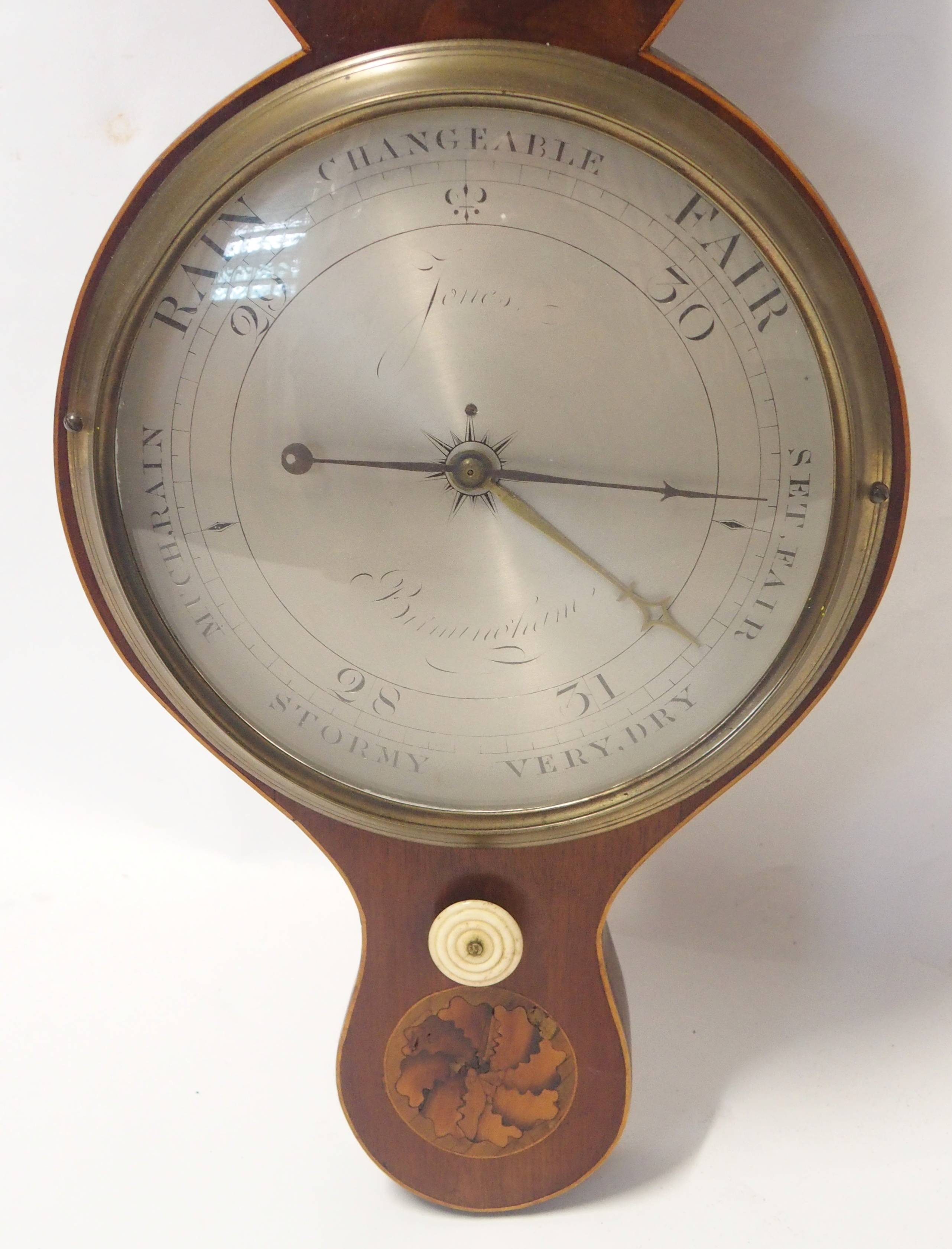 A GEORGE III MAHOGANY WHEEL BAROMETER AND THERMOMETER inscribed to Jones Birmingham, with inlaid - Image 3 of 5