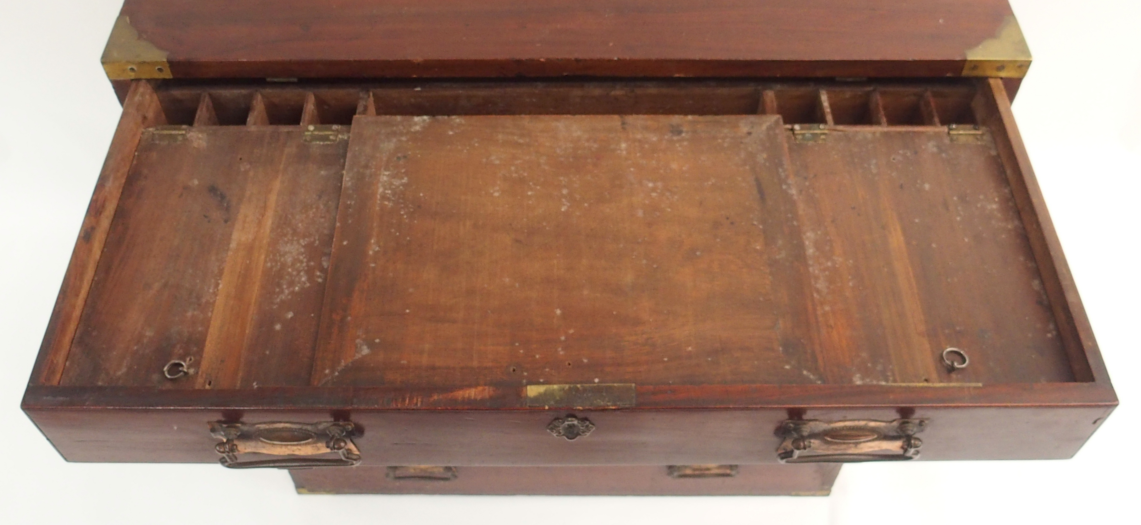 A TWO SECTION MAHOGANY SECRETAIRE CAMPAIGN CHEST The upper fitted drawer over two drawers and a full - Image 5 of 17