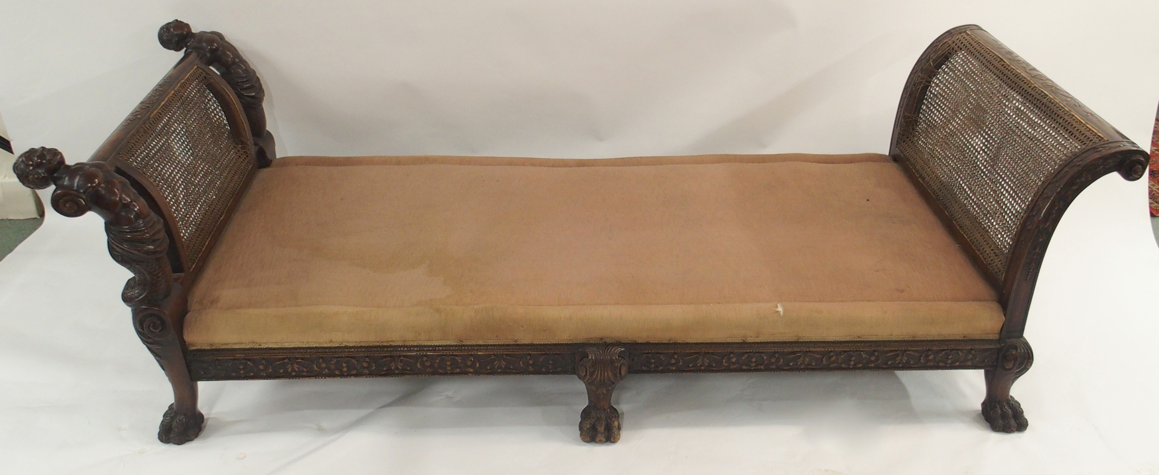 A WALNUT AND CANE FRAMED DAY BED the silk upholstered seat flanked by carved Mer figures on acanthus - Image 12 of 14