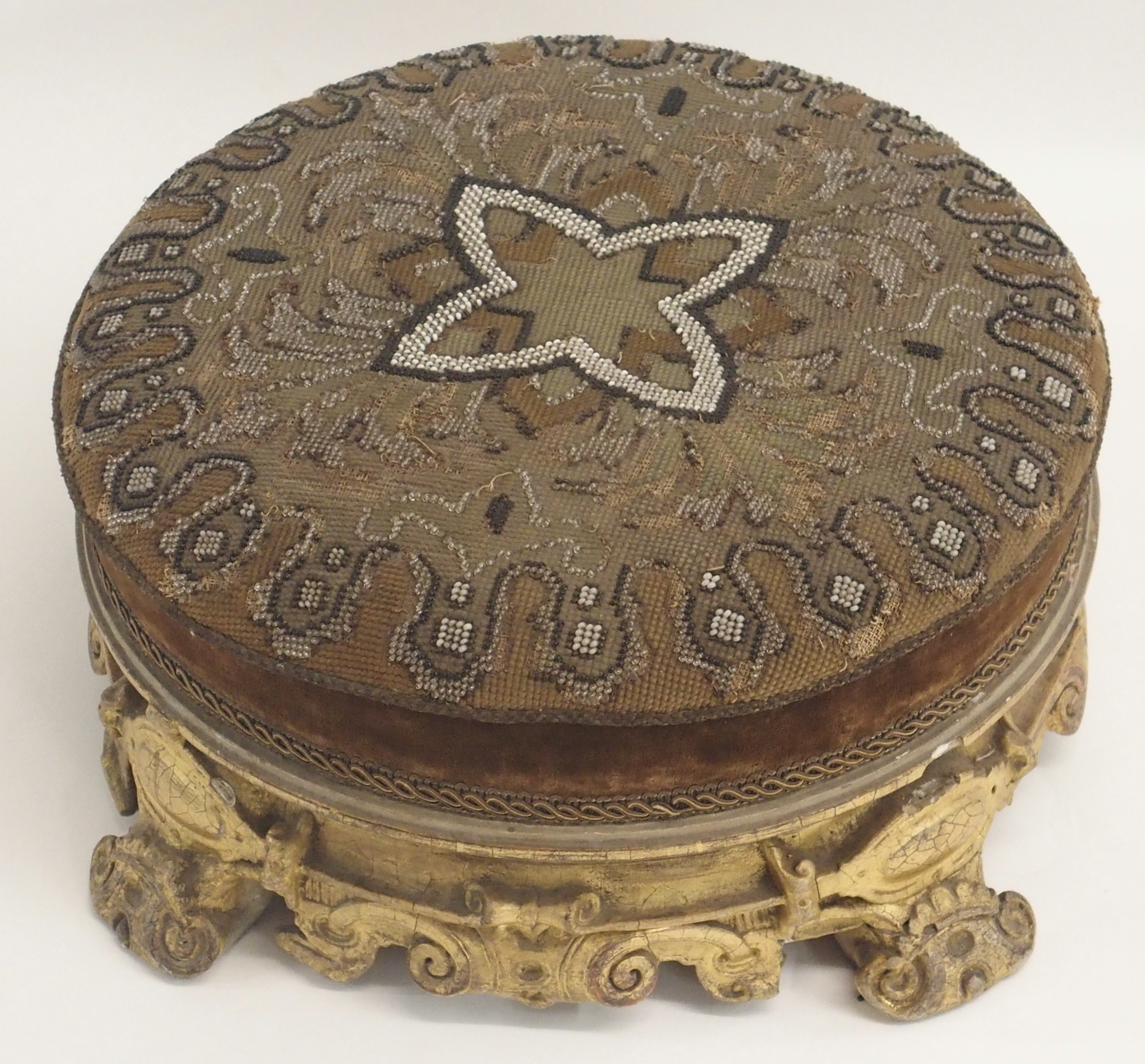 A MID 19TH CENTURY GILTWOOD AND GESSO FOOT STOOL the beadwork cover on a gilt scroll frame, 35cm - Image 9 of 13