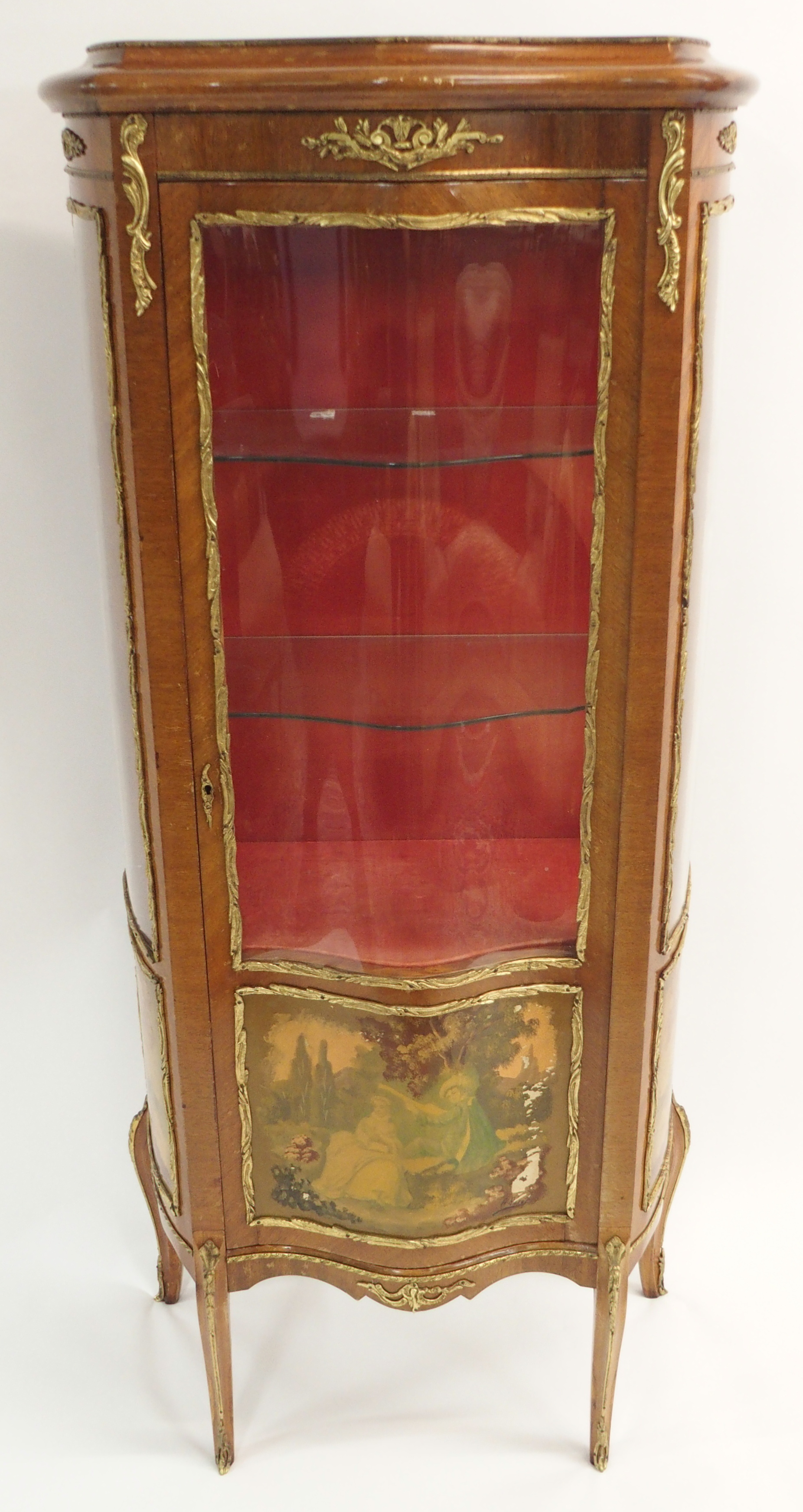A VERNIS MARTIN STYLE FRUITWOOD DISPLAY CABINET the serpentine door and sides enclosing glass