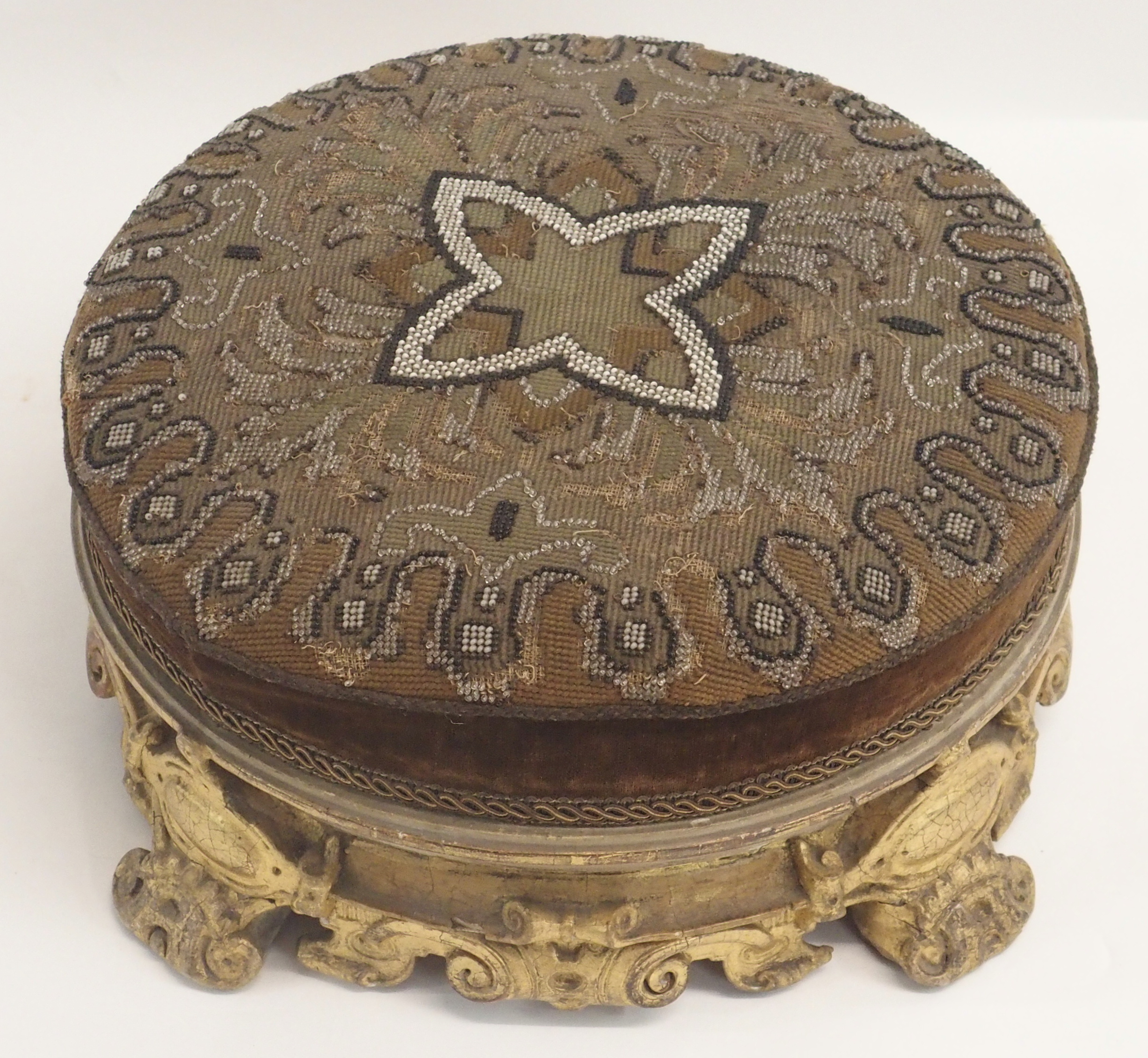 A MID 19TH CENTURY GILTWOOD AND GESSO FOOT STOOL the beadwork cover on a gilt scroll frame, 35cm - Image 11 of 13