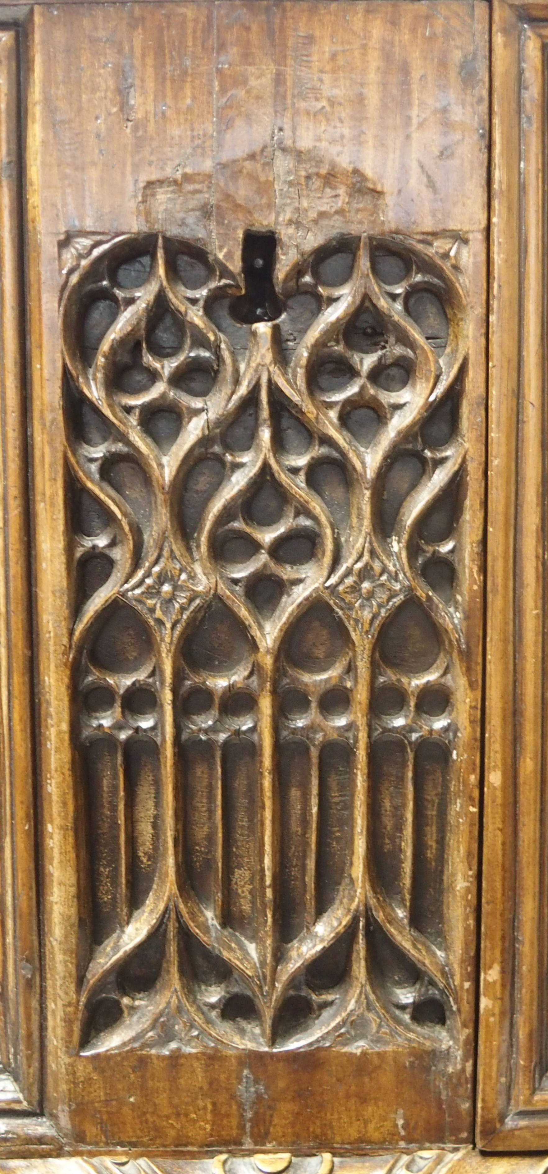 A FRENCH WALNUT LIVERY CUPBOARD the hinged top enclosing a deep and shallow recess, the front carved - Image 7 of 11