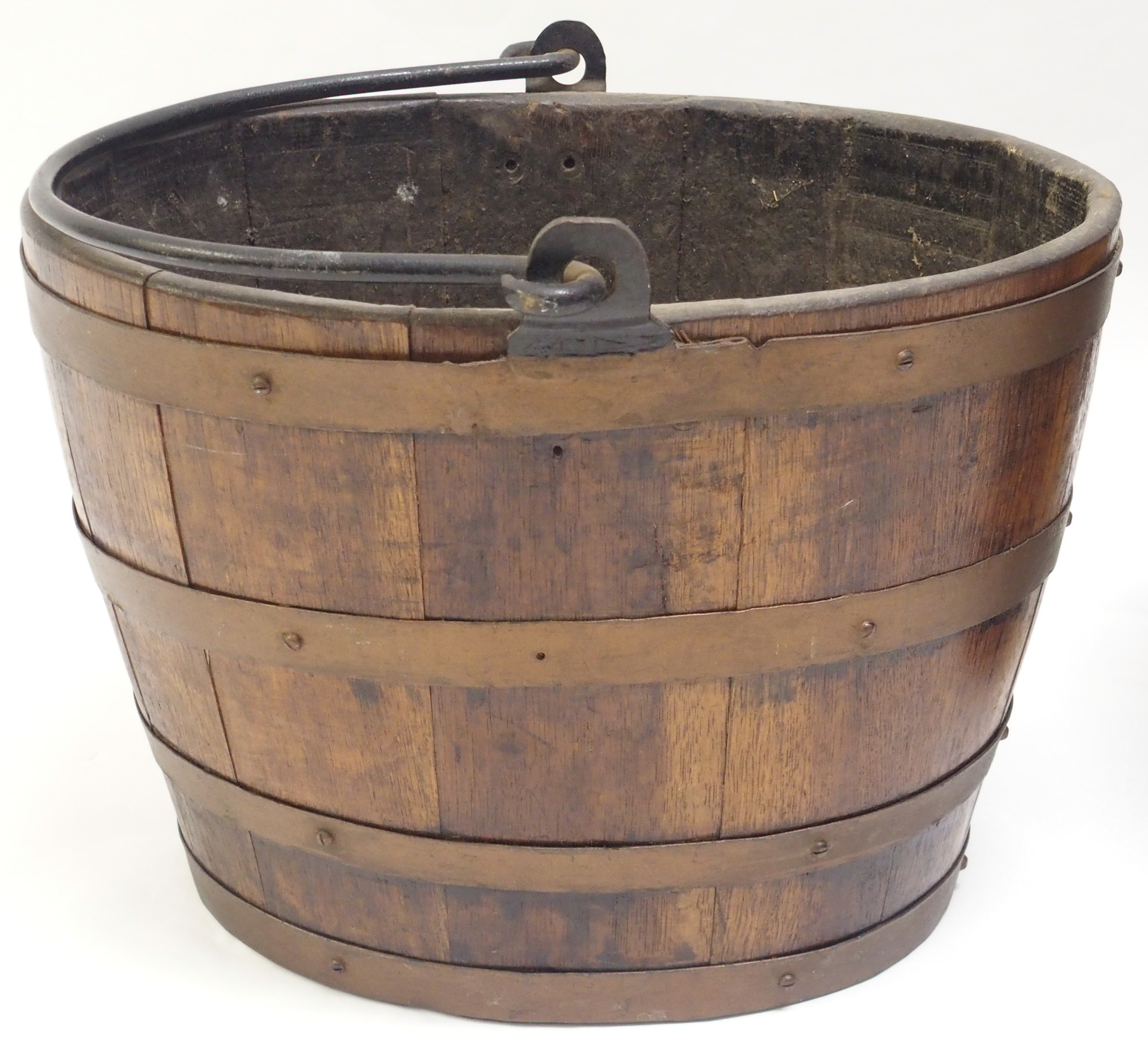 TWO OAK STAVED METAL BOUND LOG BINS each with wrought iron swing handles, 29.5cm high and 41cm - Image 4 of 6