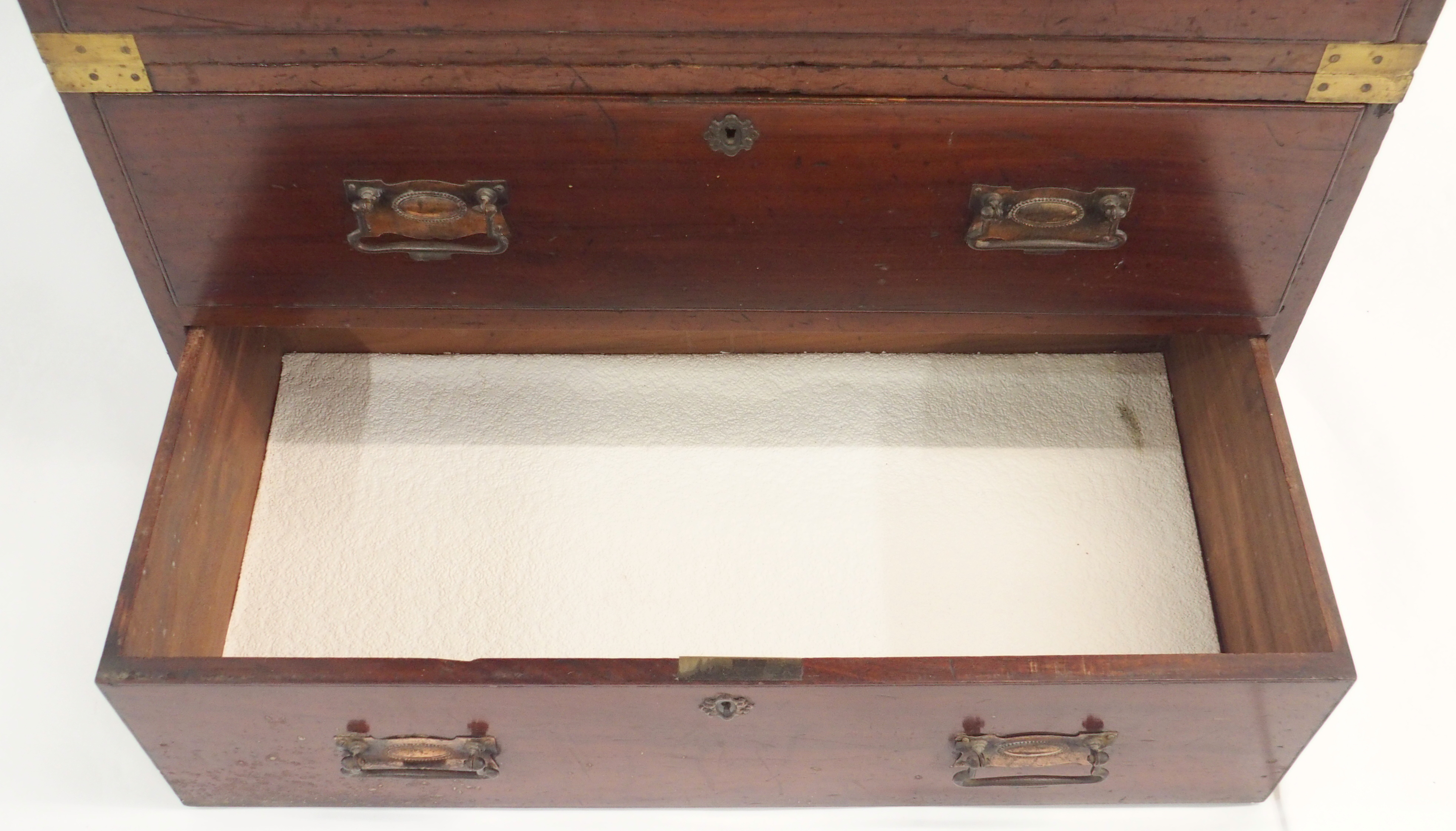 A TWO SECTION MAHOGANY SECRETAIRE CAMPAIGN CHEST The upper fitted drawer over two drawers and a full - Image 10 of 17