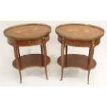 A PAIR OF LOUIS XV STYLE FRUITWOOD OVAL SHAPED SIDE TABLES with still life marquetry panels and