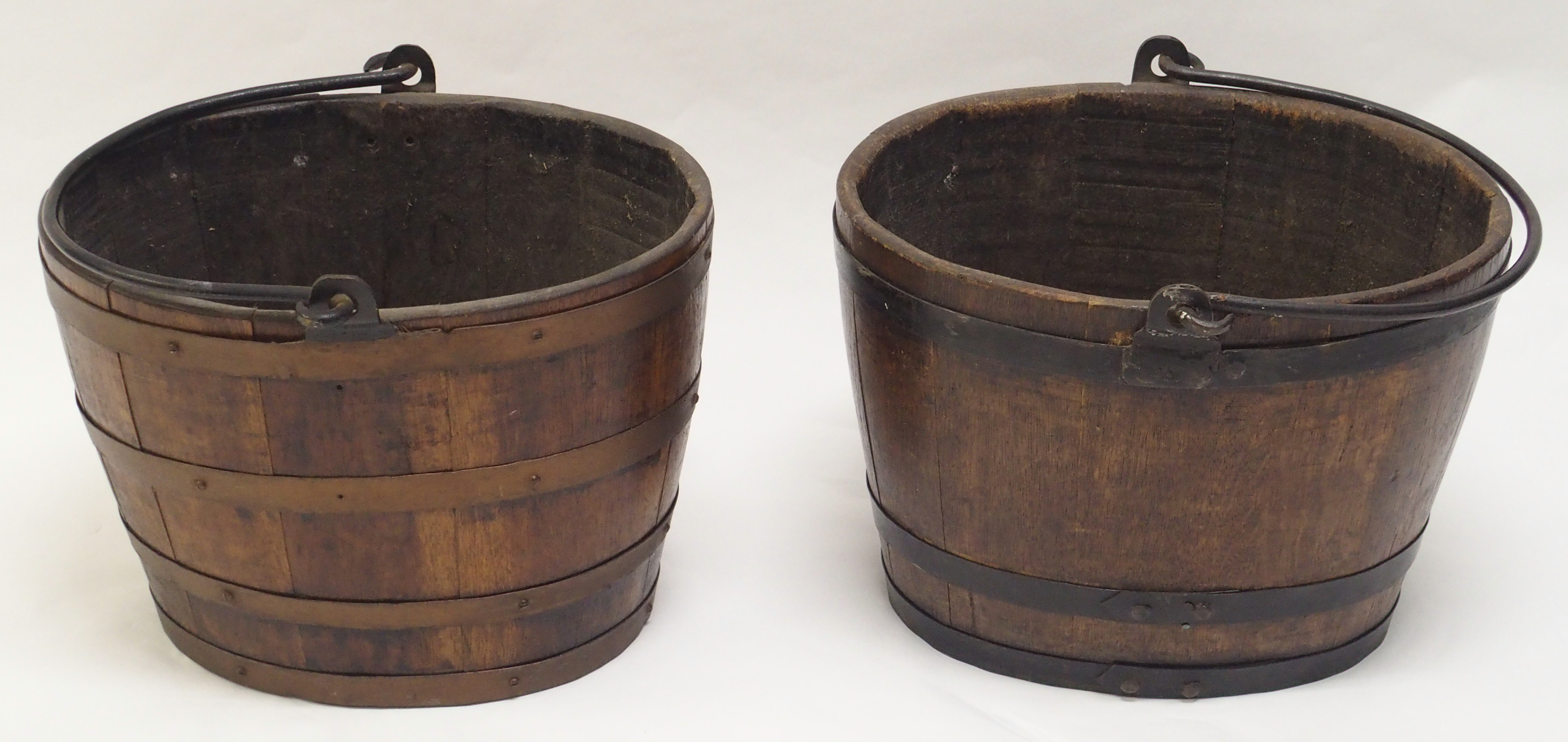 TWO OAK STAVED METAL BOUND LOG BINS each with wrought iron swing handles, 29.5cm high and 41cm - Image 2 of 6