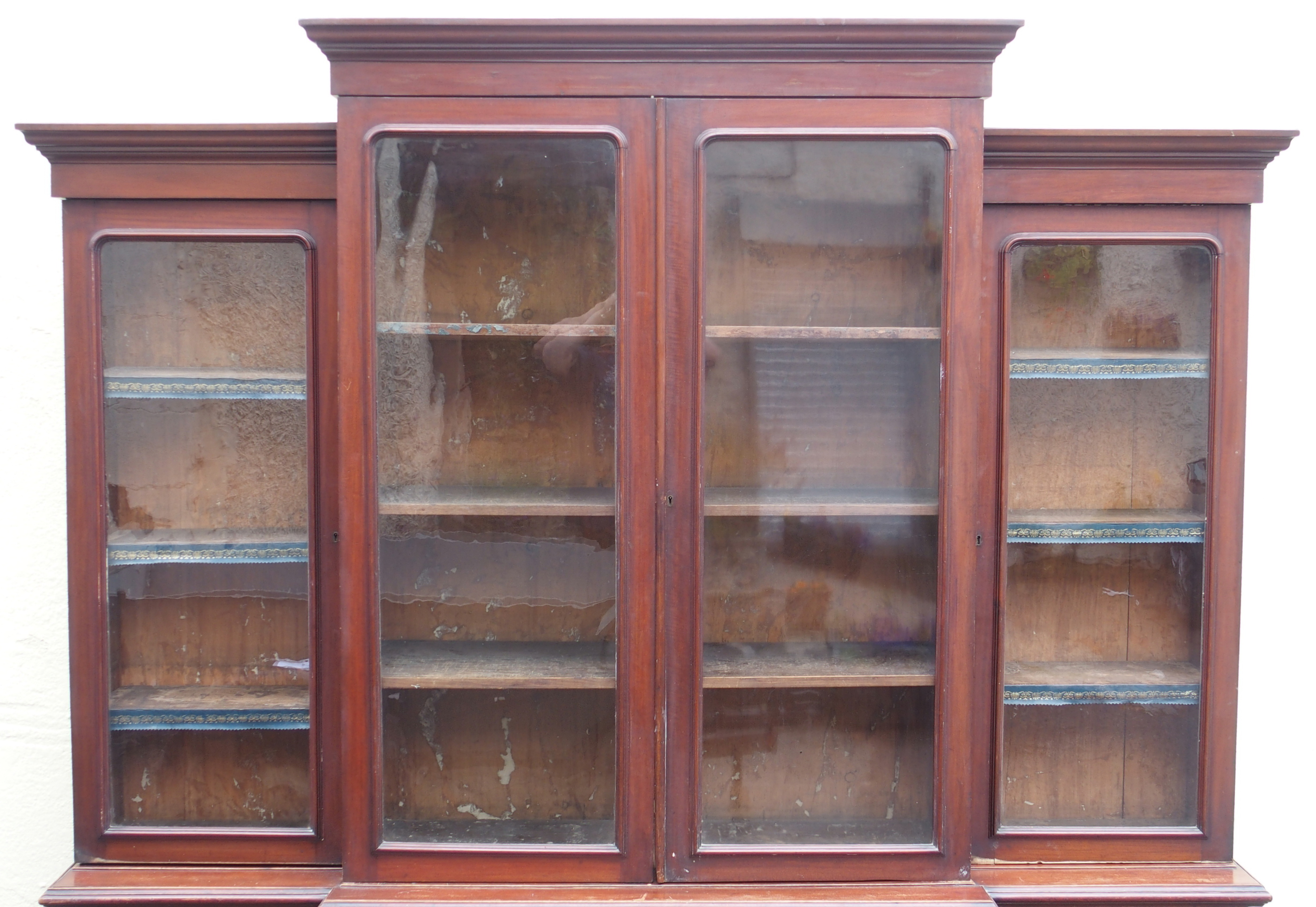A VICTORIAN MAHOGANY BREAK FRONT BOOKCASE, with four glazed doors over a base with four doors, 231cm - Image 2 of 15
