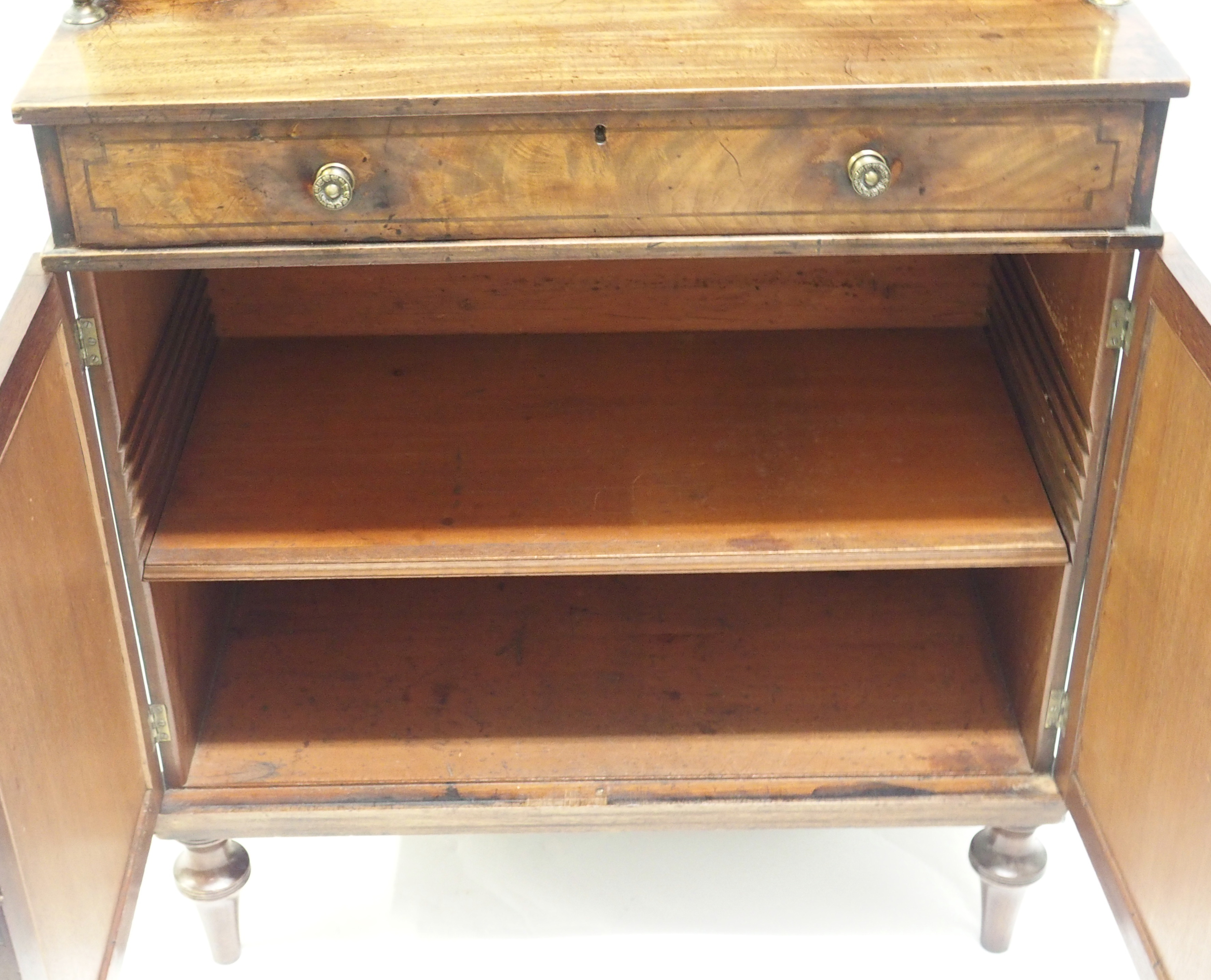 A REGENCY MAHOGANY CAMPAIGN SECRETAIRE BOOKCASE the tiered open shelves joined by brass baluster - Image 7 of 11