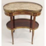 A LOUIS XV STYLE FRUITWOOD KIDNEY SHAPED SIDE TABLE the marble top with three-quarter brass gallery,