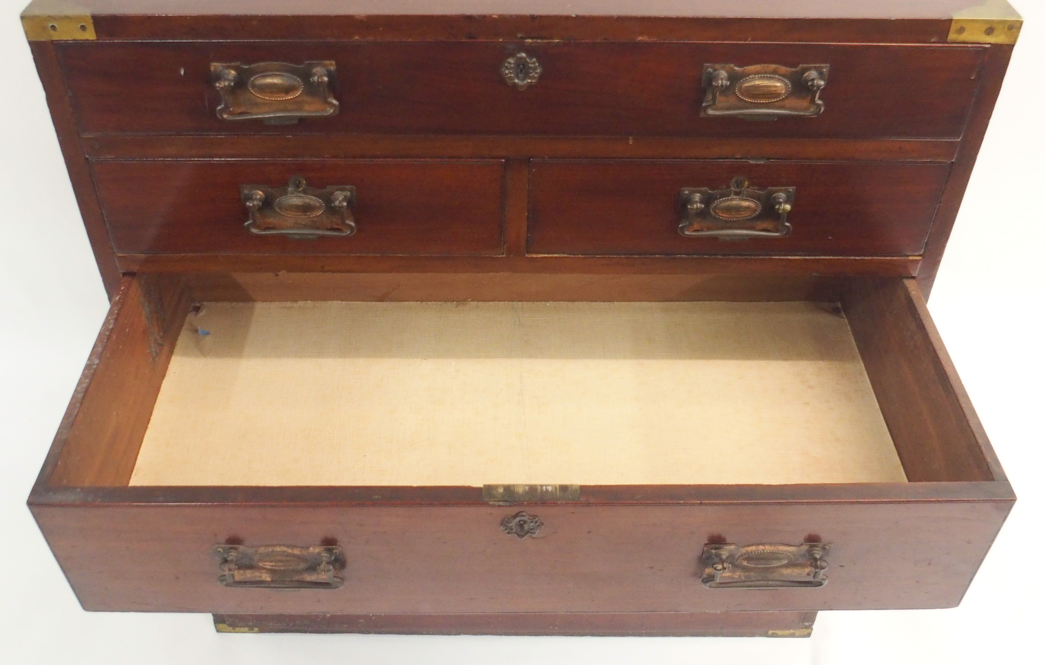 A TWO SECTION MAHOGANY SECRETAIRE CAMPAIGN CHEST The upper fitted drawer over two drawers and a full - Image 8 of 17