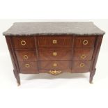 A TRANSITIONAL STYLE ROSEWOOD CHEST the marble top above three drawers and on scroll legs and gilt