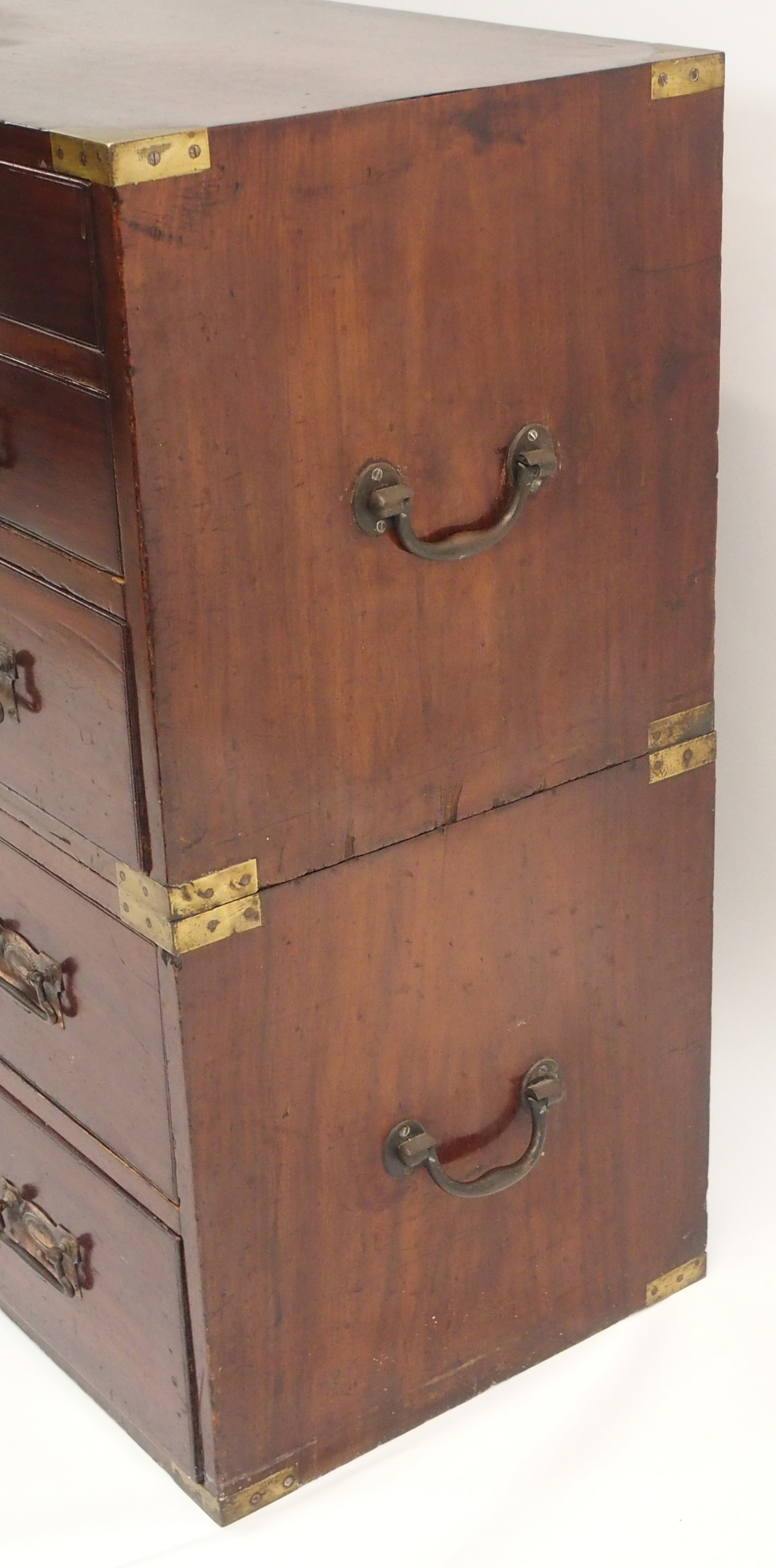 A TWO SECTION MAHOGANY SECRETAIRE CAMPAIGN CHEST The upper fitted drawer over two drawers and a full - Image 4 of 17