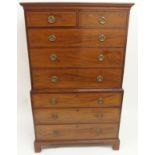 A MAHOGANY AND SATINWOOD CROSS BANDED CHEST ON CHEST with two over three graduating drawers on three