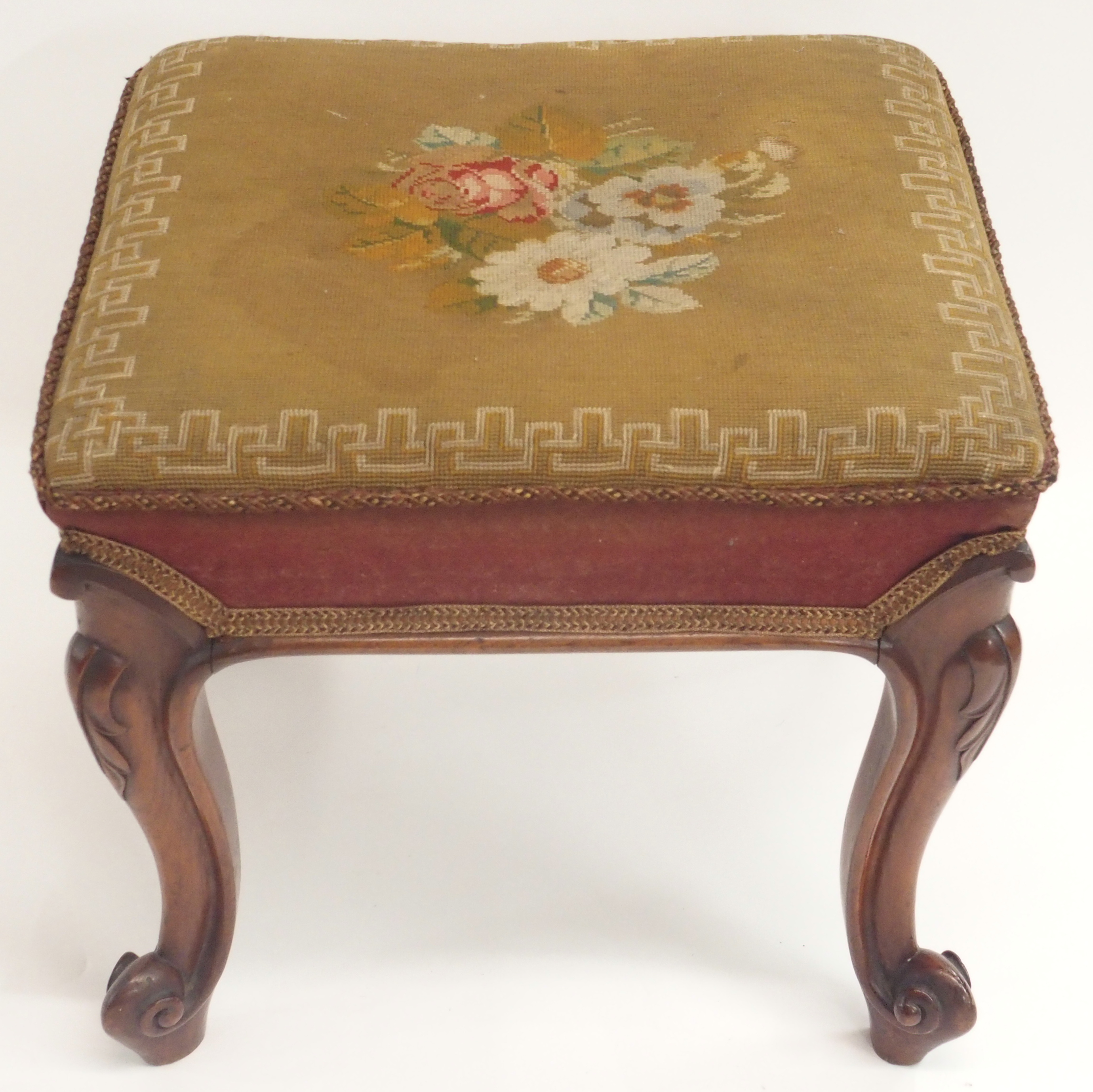 A MID 19TH CENTURY GILTWOOD AND GESSO FOOT STOOL the beadwork cover on a gilt scroll frame, 35cm - Image 5 of 13