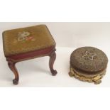 A MID 19TH CENTURY GILTWOOD AND GESSO FOOT STOOL the beadwork cover on a gilt scroll frame, 35cm
