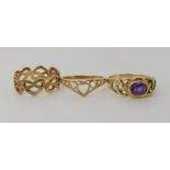 A 9ct gold Celtic knot work amethyst ring size O1/2, a 9ct linked heart ring size P and a further