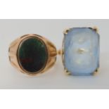A 9ct gold bloodstone signet ring size N1/2 approx, and a 9ct blue glass ring, size J1/2, weight