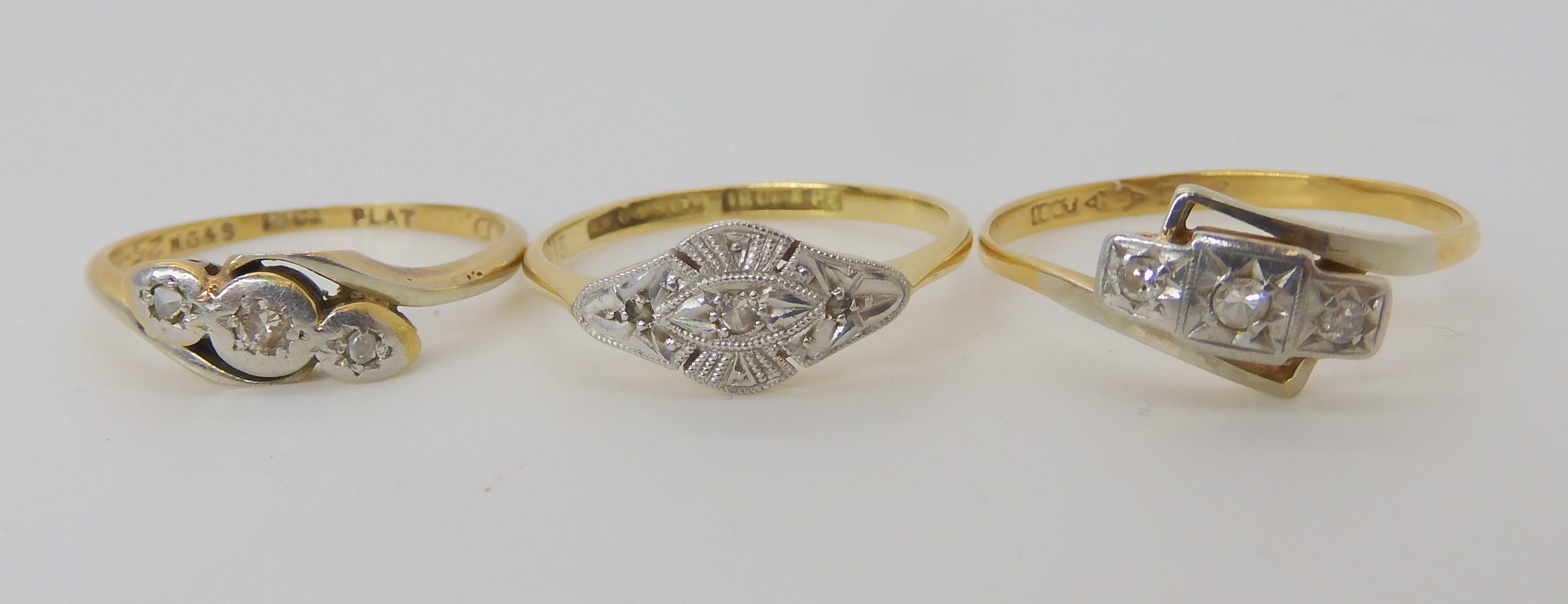 Three vintage 18ct gold diamond accent rings, sizes as photo K1/2, M and P, combined weight 5.4gms - Image 2 of 3