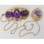 A yellow metal and enamel 'Forget me not' locket (af), a gold plated purple gem set brooch etc