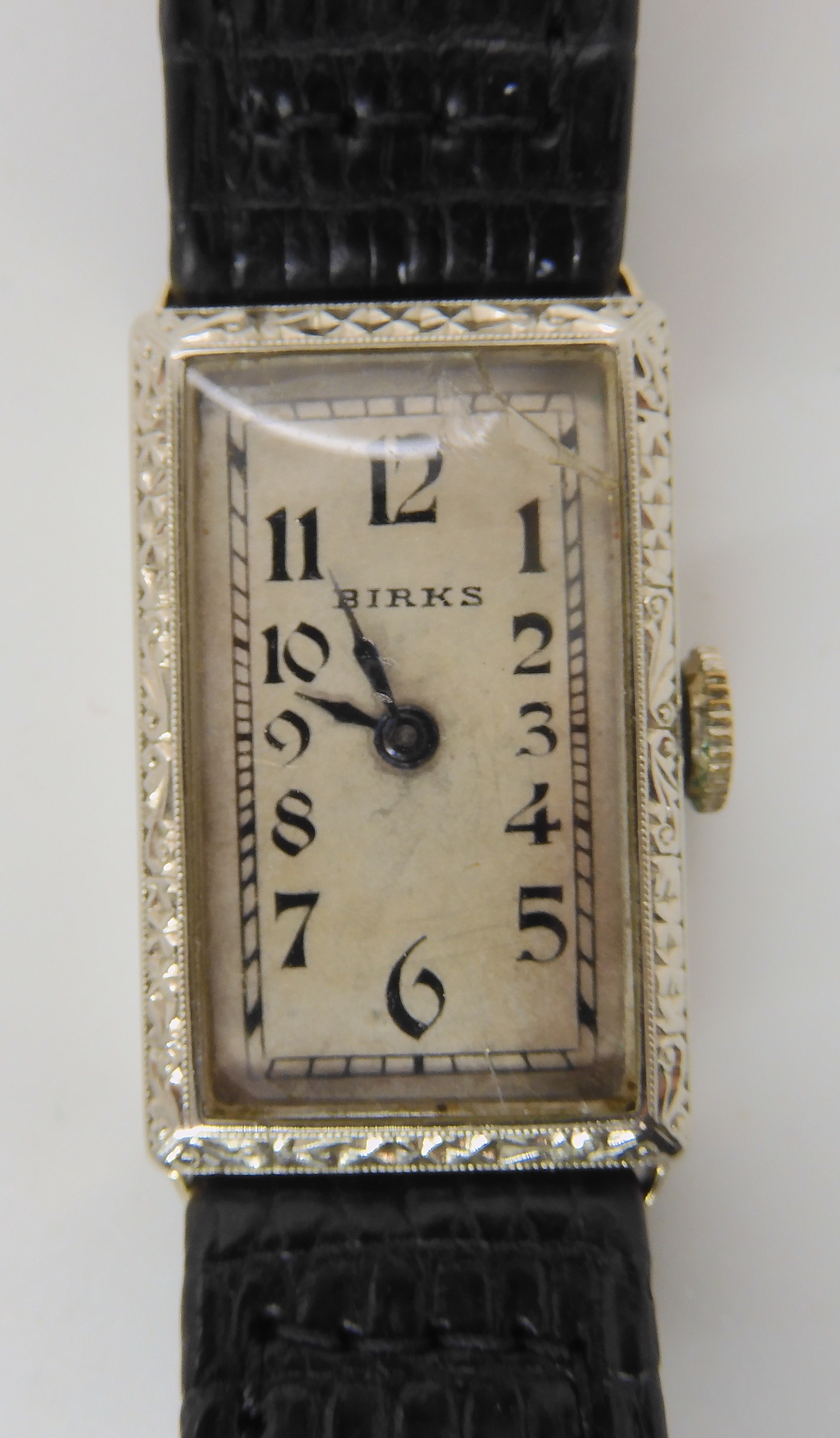 A 14k white gold ladies vintage watch by Birks, dimensions of the case 2.4cm x 1.5cm, weight