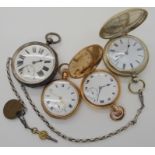 A large silver pocket watch, two gold plated pocket watches and a silver plated example with white