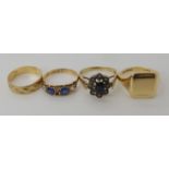 A 9ct signet ring, size S1/2, a sapphire and diamond retro cluster size R, a blue and clear gem