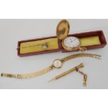 A 9ct gold Longines ladies watch, a yellow metal toothpick by Mordan & Co, weight combined including