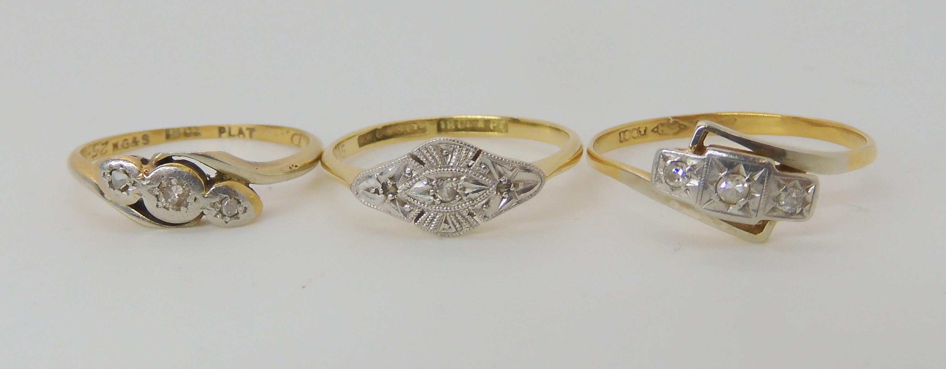 Three vintage 18ct gold diamond accent rings, sizes as photo K1/2, M and P, combined weight 5.4gms