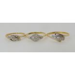 Three vintage 18ct gold diamond accent rings, sizes as photo K1/2, M and P, combined weight 5.4gms