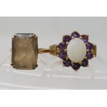 A 9ct retro amethyst and opal cluster ring size O1/2 and a smoky quartz ring size K1/2, weight