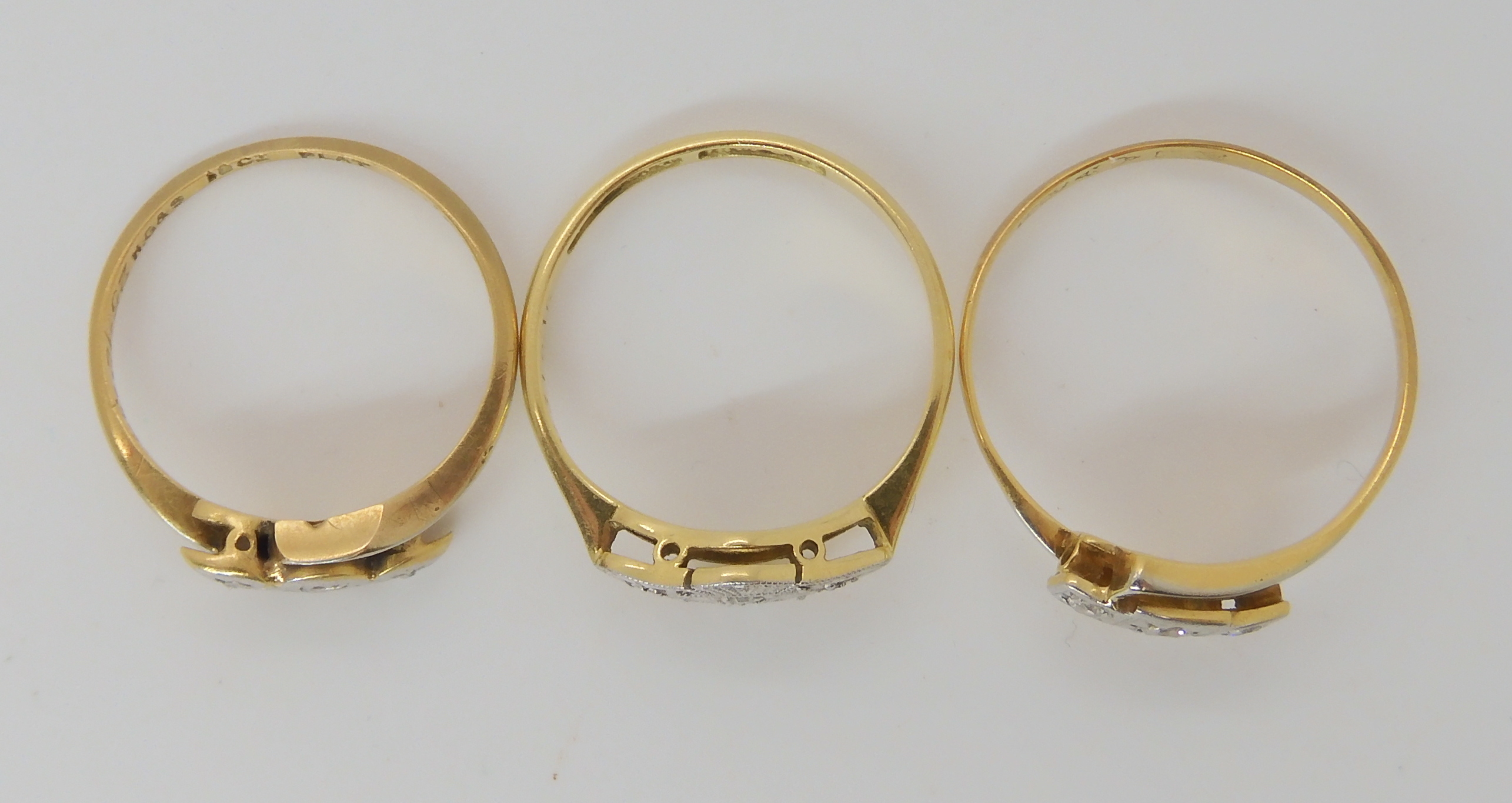 Three vintage 18ct gold diamond accent rings, sizes as photo K1/2, M and P, combined weight 5.4gms - Image 3 of 3