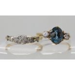 A 9ct vintage diamond accent ring size N, and a blue and clear gem set 9ct ring, size J1/2, combined