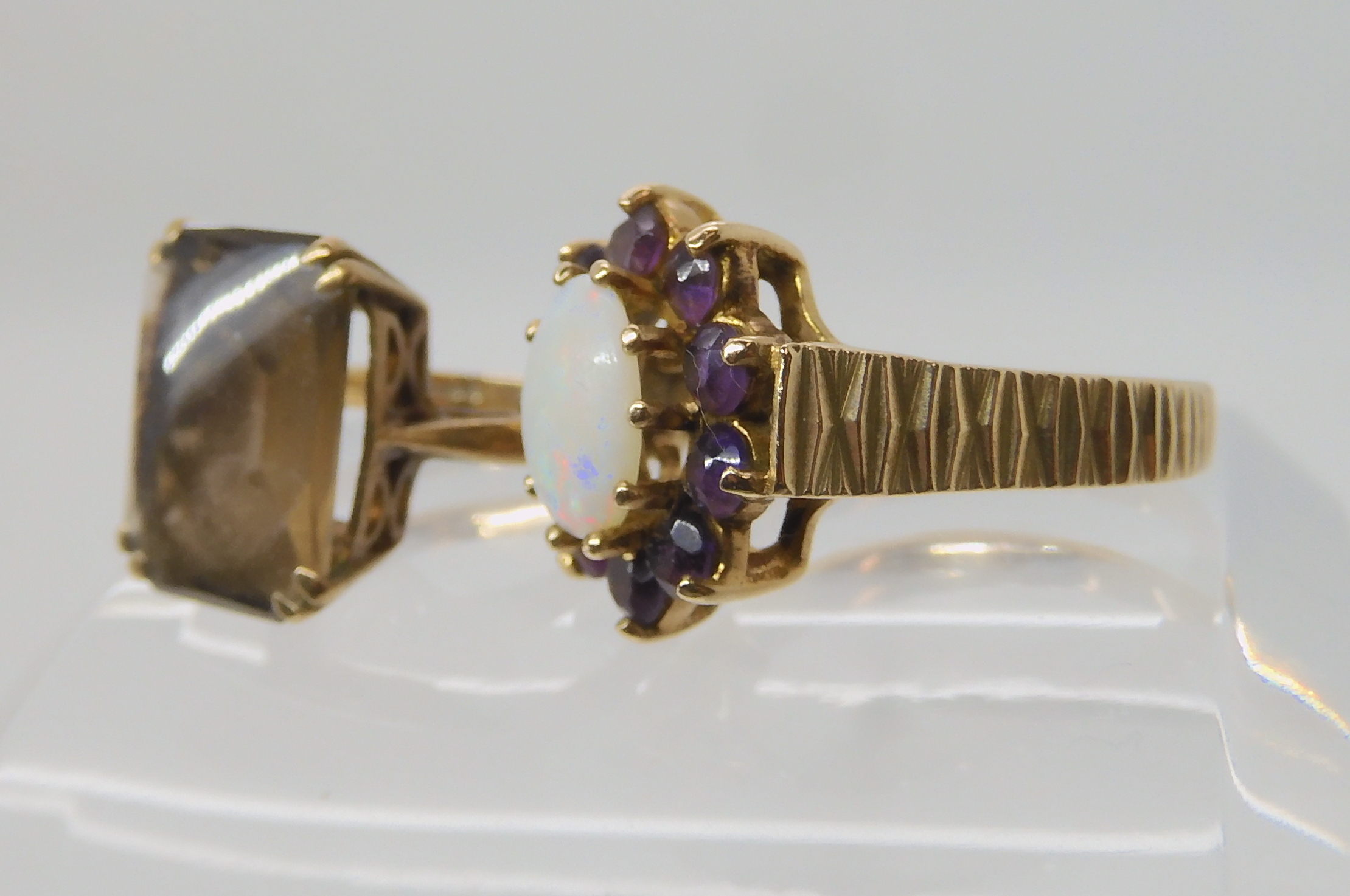 A 9ct retro amethyst and opal cluster ring size O1/2 and a smoky quartz ring size K1/2, weight - Image 2 of 3