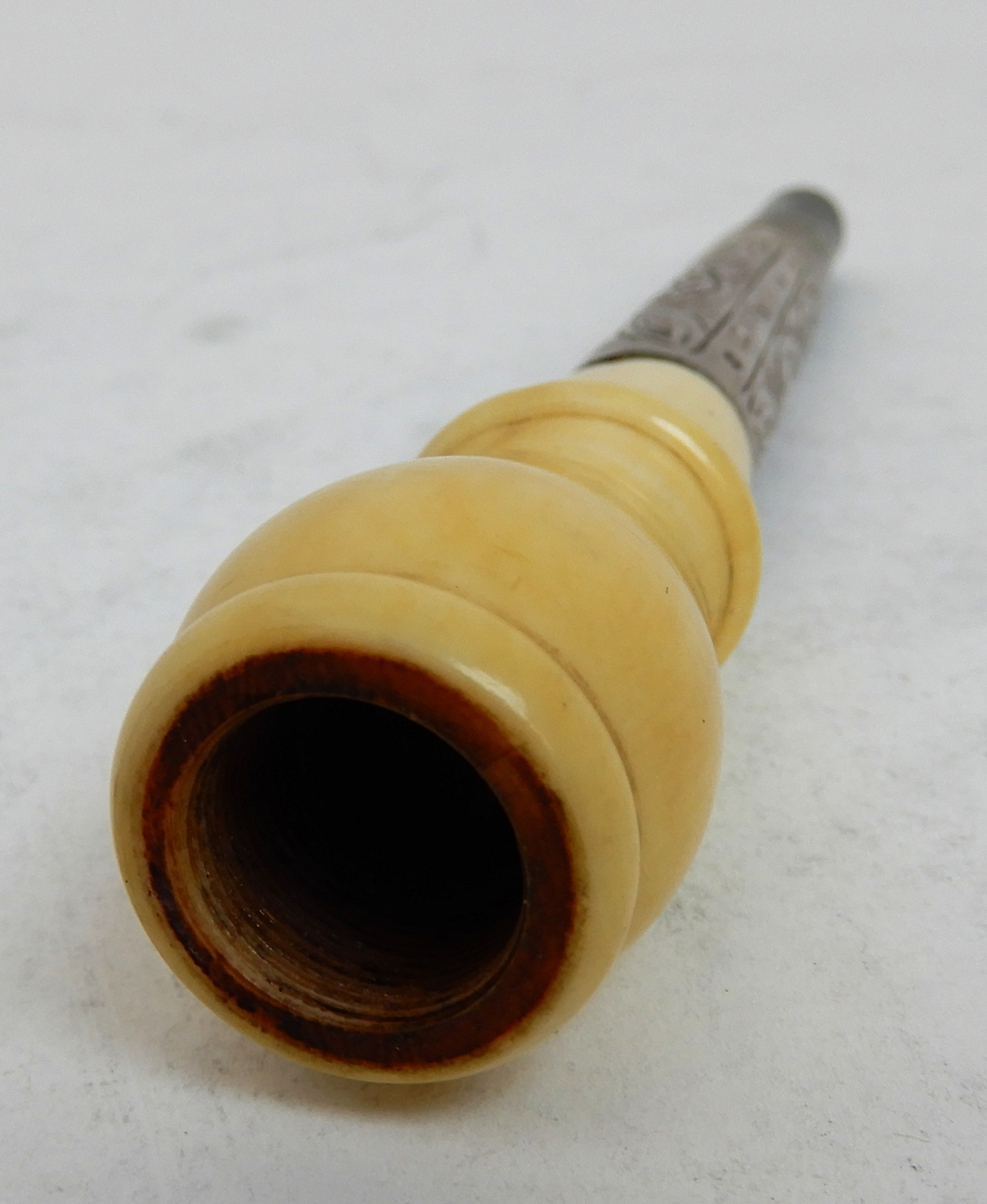 A silver and ivory bagpipe mouthpiece with celtic pattern and a thistle pattern silver bagpipe - Image 7 of 8