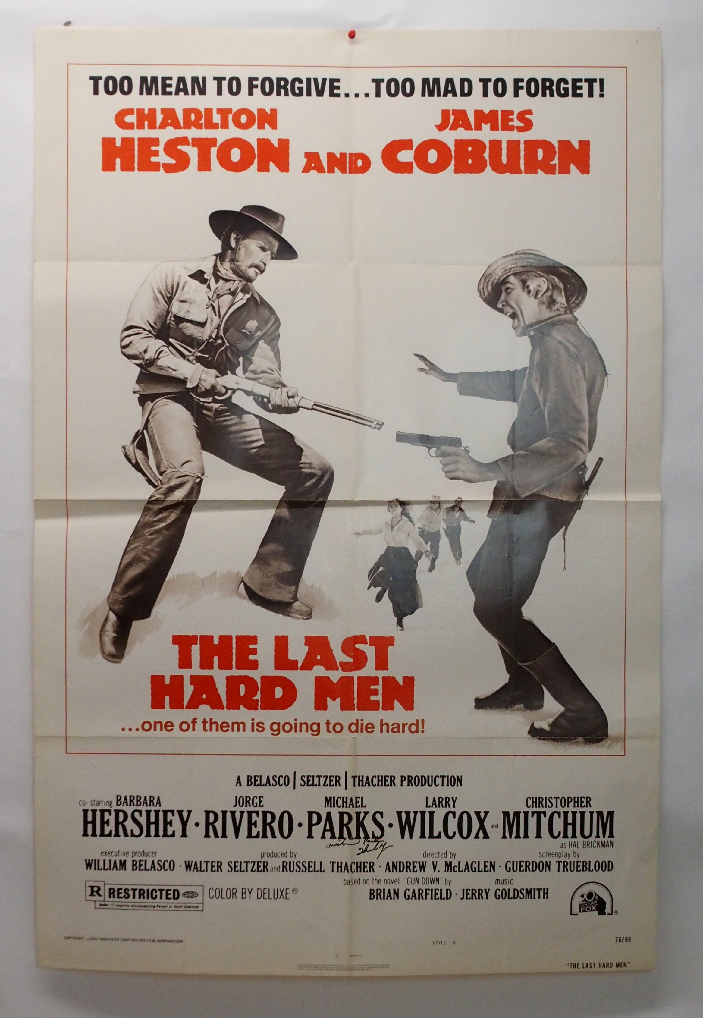 THE LAST HARD MAN movie poster, 1976, autographed by Michael Parks horizontal and vertical folds,