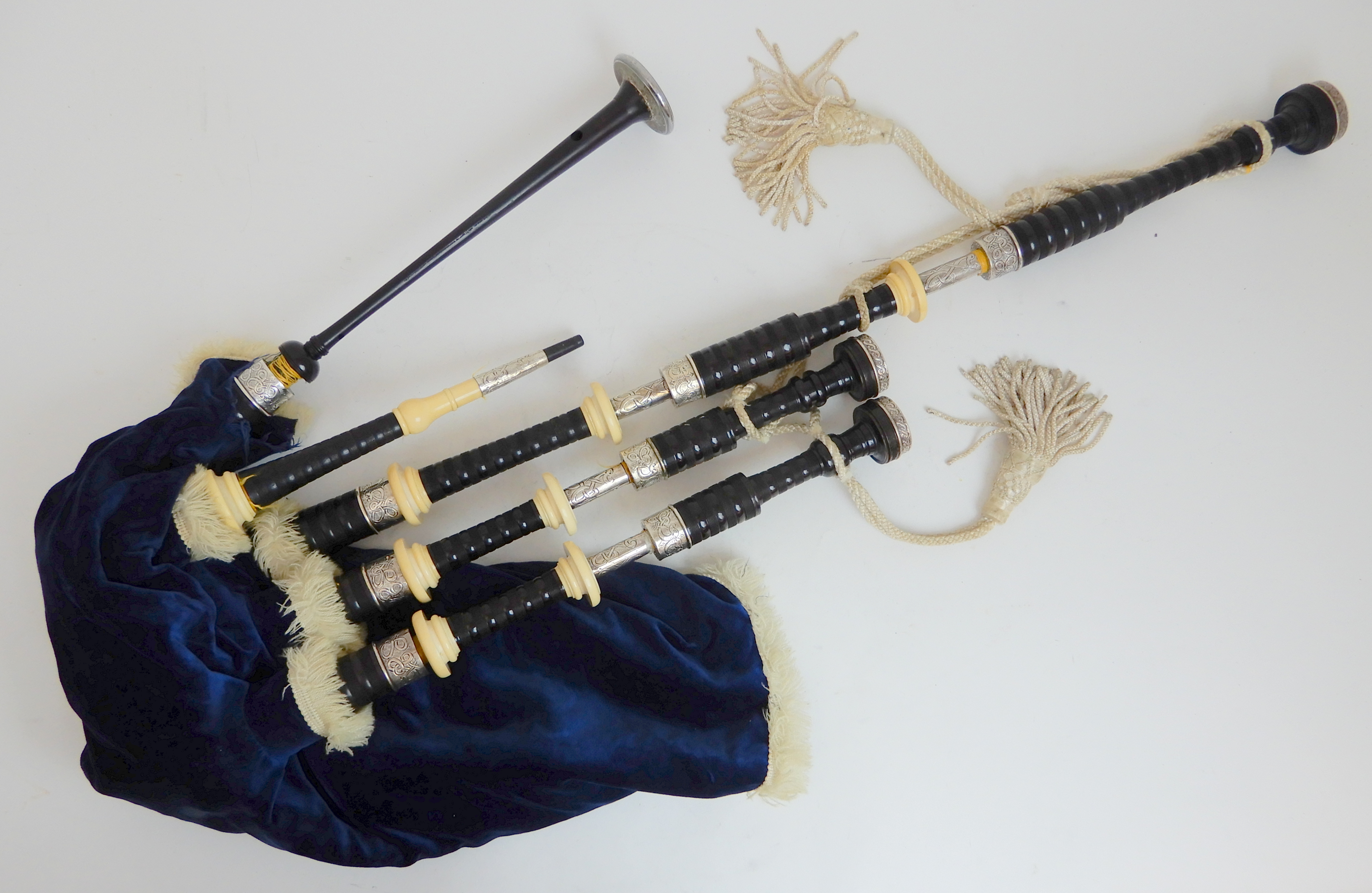 A full set of Scottish highland bagpipes by R G Hardie with celtic knotted silver and ivory mounts - Image 12 of 12