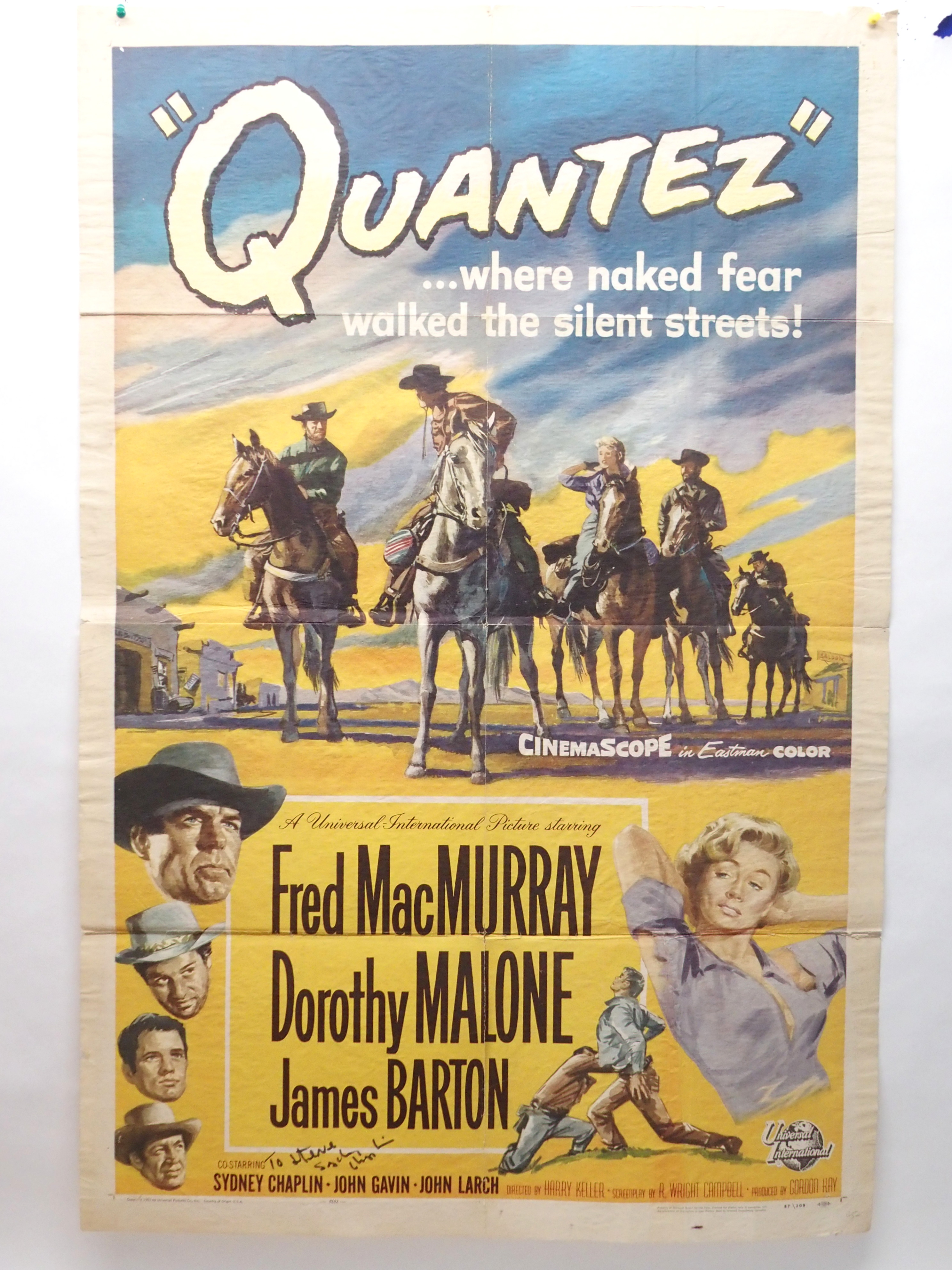 "QUANTEZ" movie poster, 1957, dedicated and autographed by Sydney Chaplin, horizontal and vertical