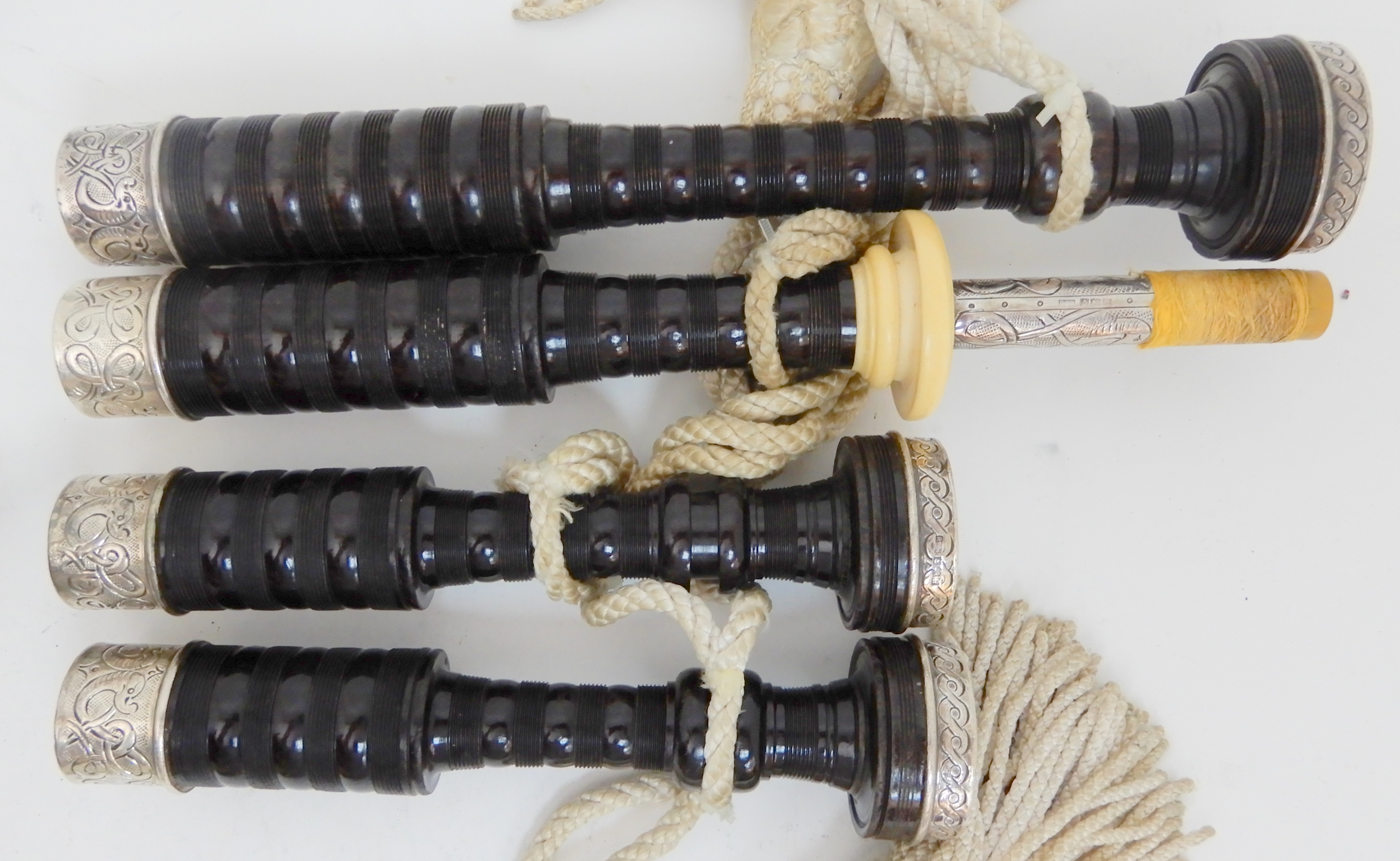 A full set of Scottish highland bagpipes by R G Hardie with celtic knotted silver and ivory mounts - Image 3 of 12