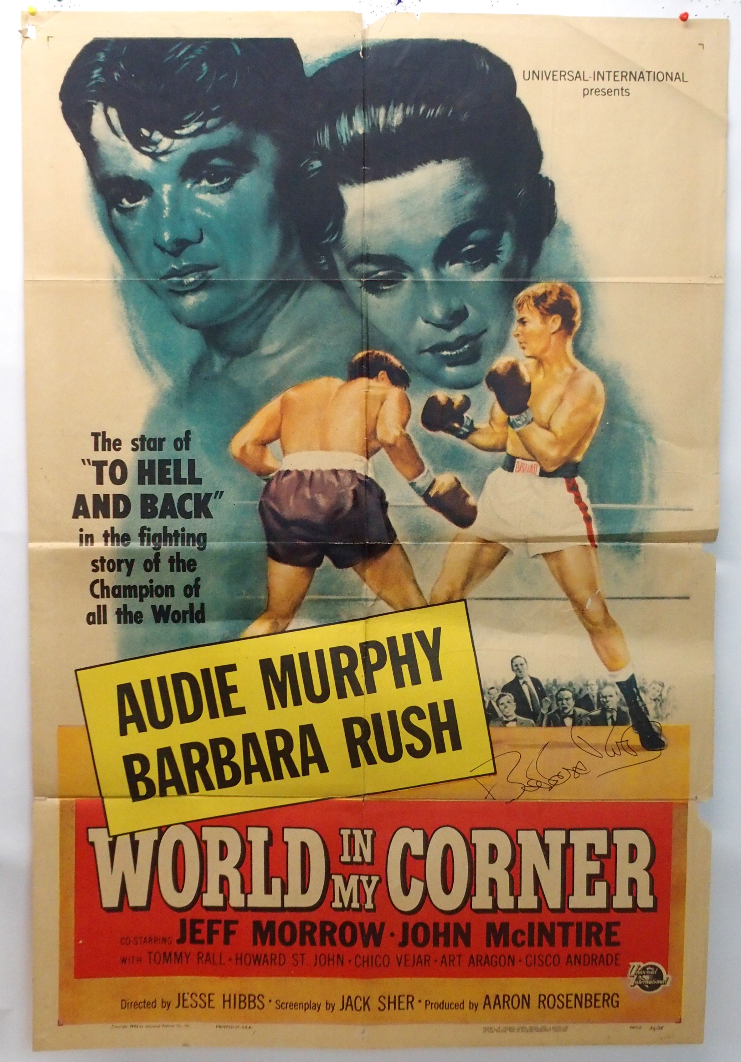 AUDIE MURPHY: WORLD IN MY CORNER movie poster, 1956, autographed by Barbara Rush, horizontal and