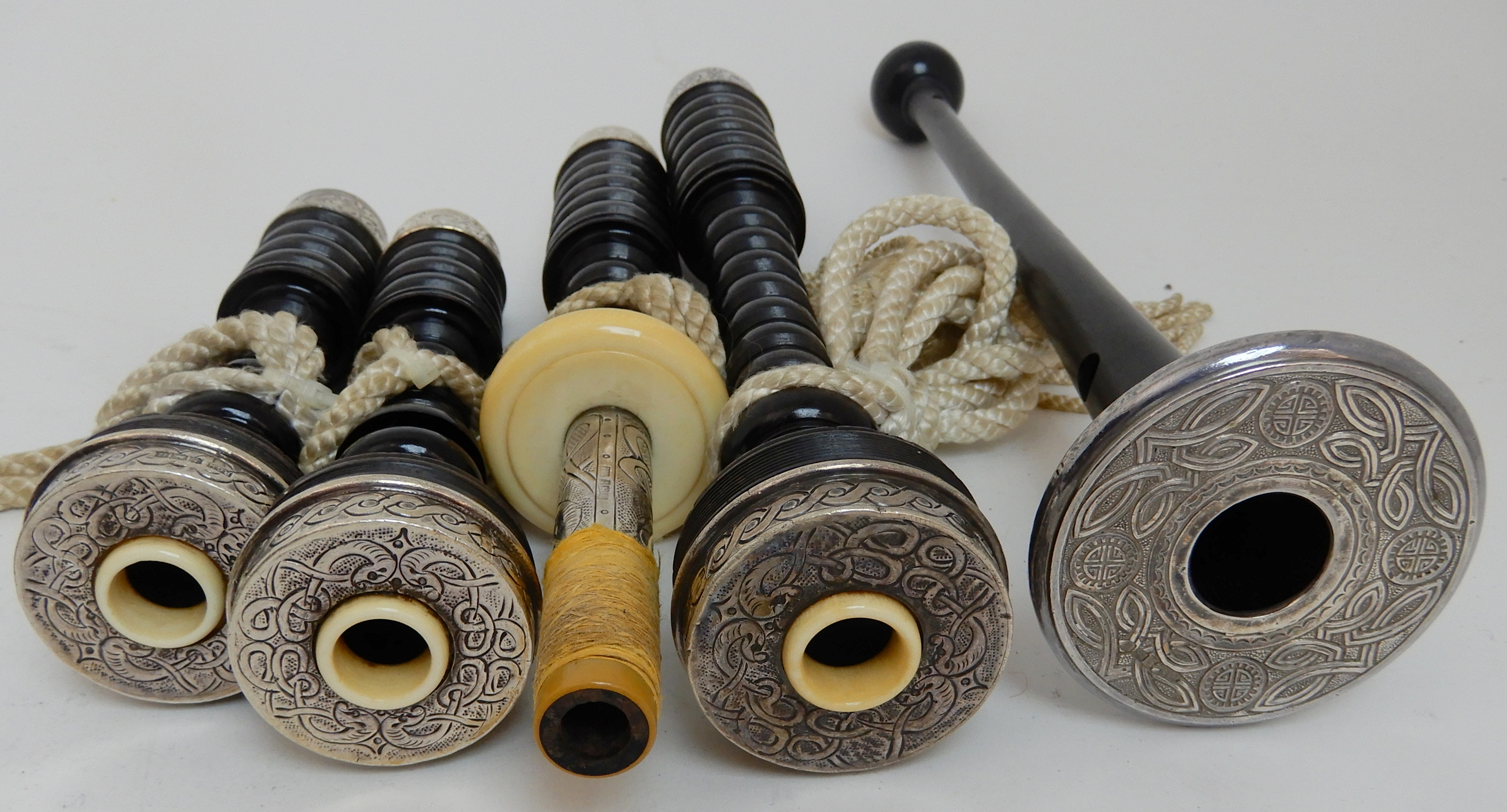 A full set of Scottish highland bagpipes by R G Hardie with celtic knotted silver and ivory mounts - Image 9 of 12