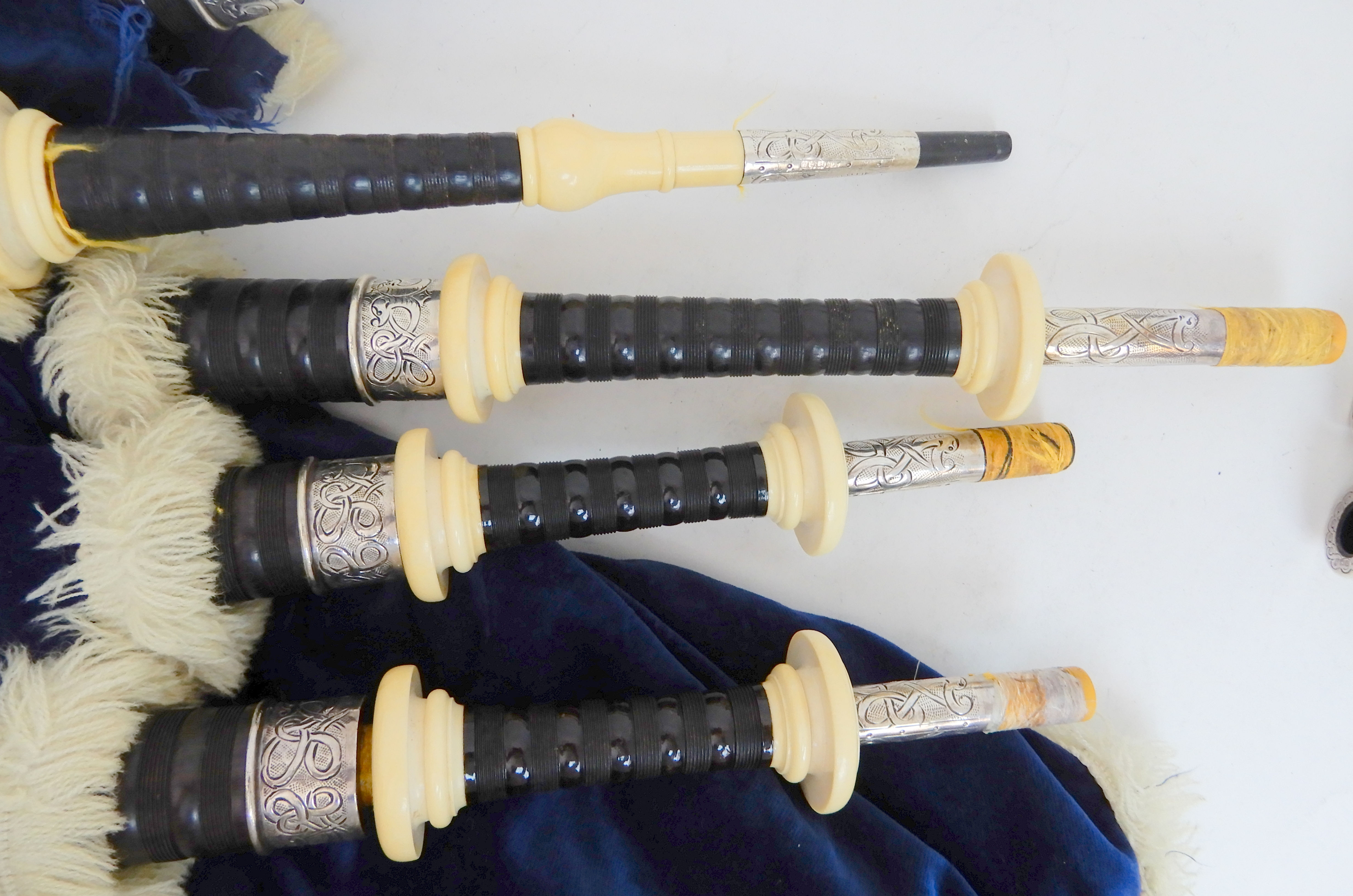 A full set of Scottish highland bagpipes by R G Hardie with celtic knotted silver and ivory mounts - Image 4 of 12