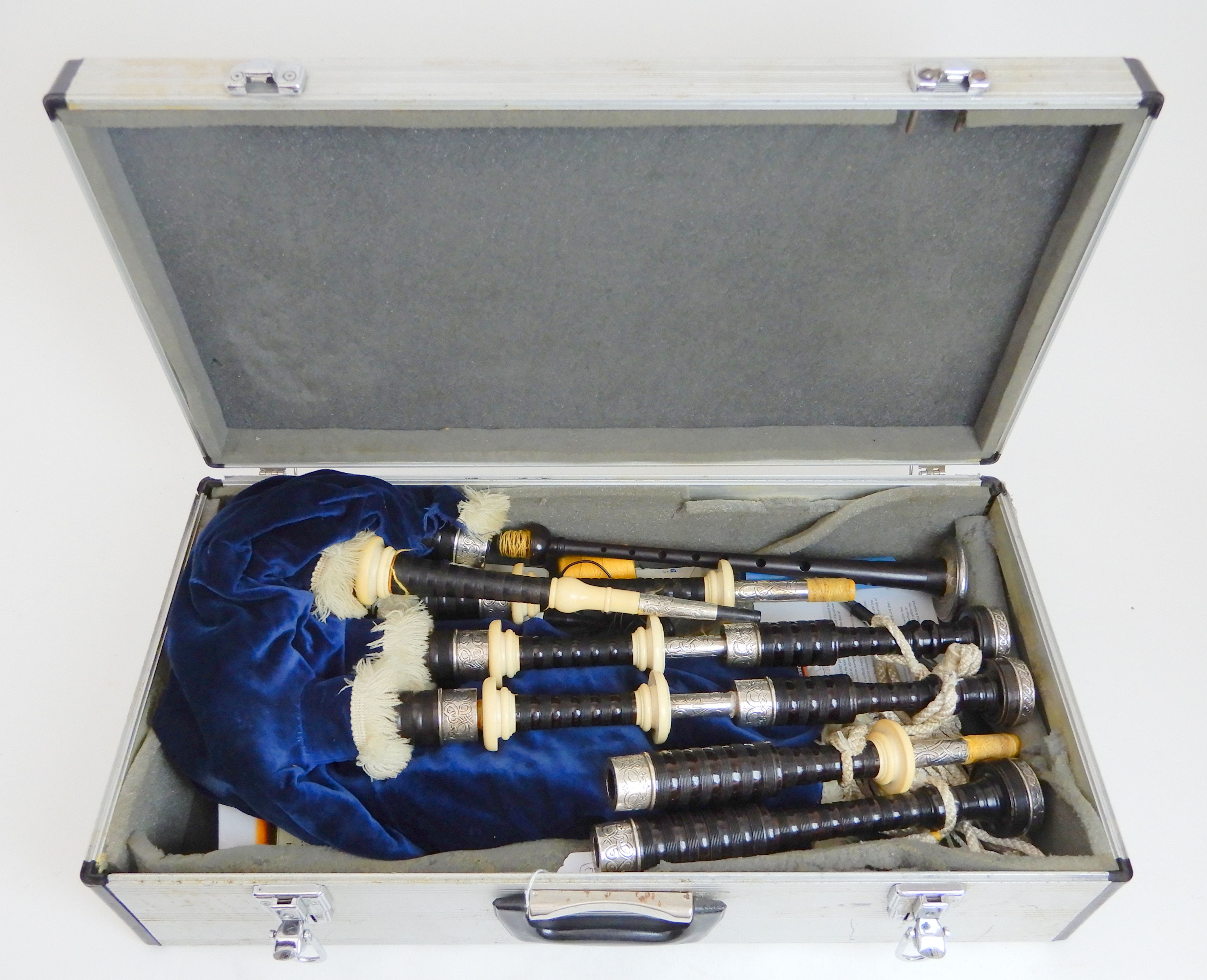 A full set of Scottish highland bagpipes by R G Hardie with celtic knotted silver and ivory mounts - Image 10 of 12