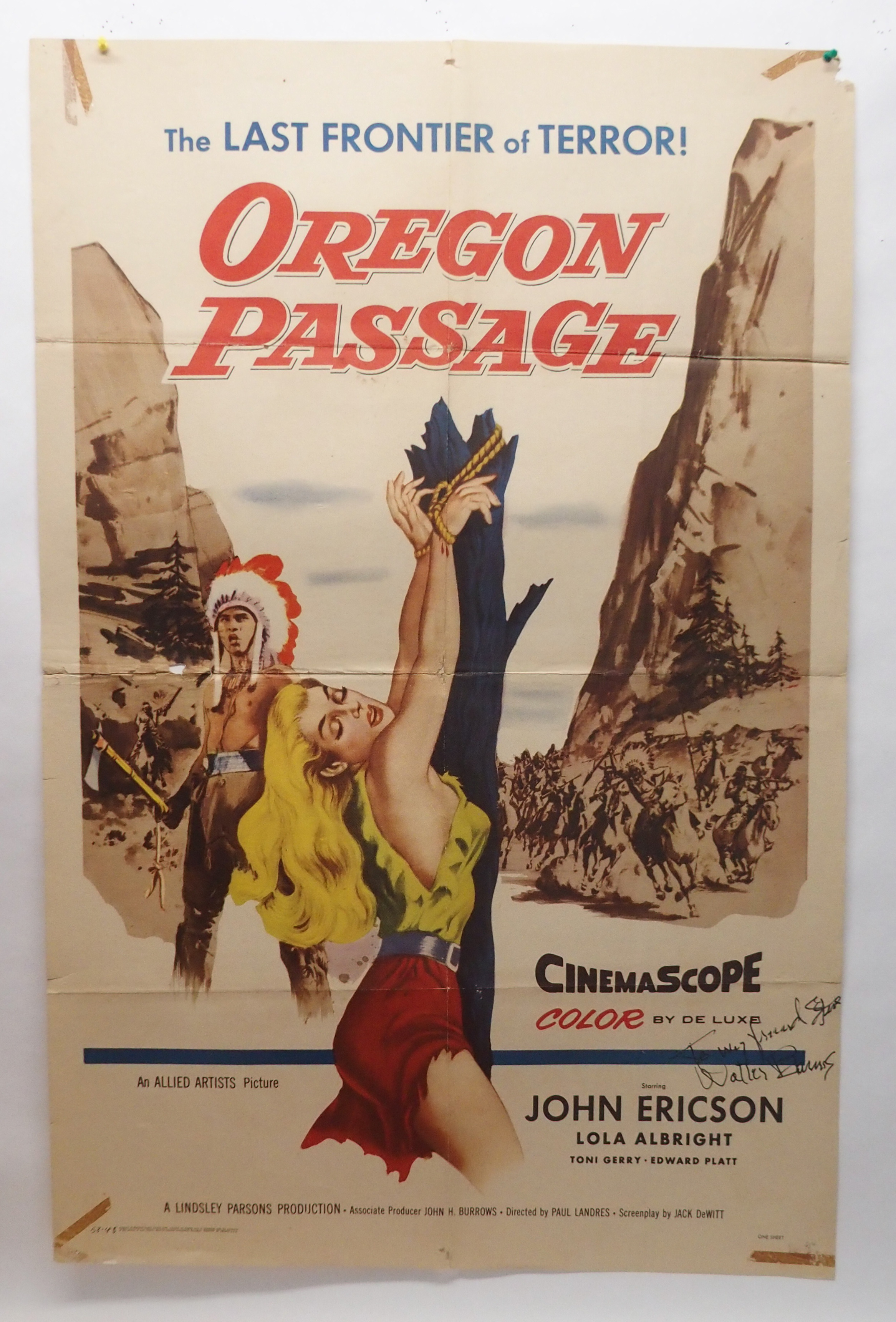 OREGON PASSAGE movie poster, dedicated and autographed by Walter Barnes, horizontal and vertical