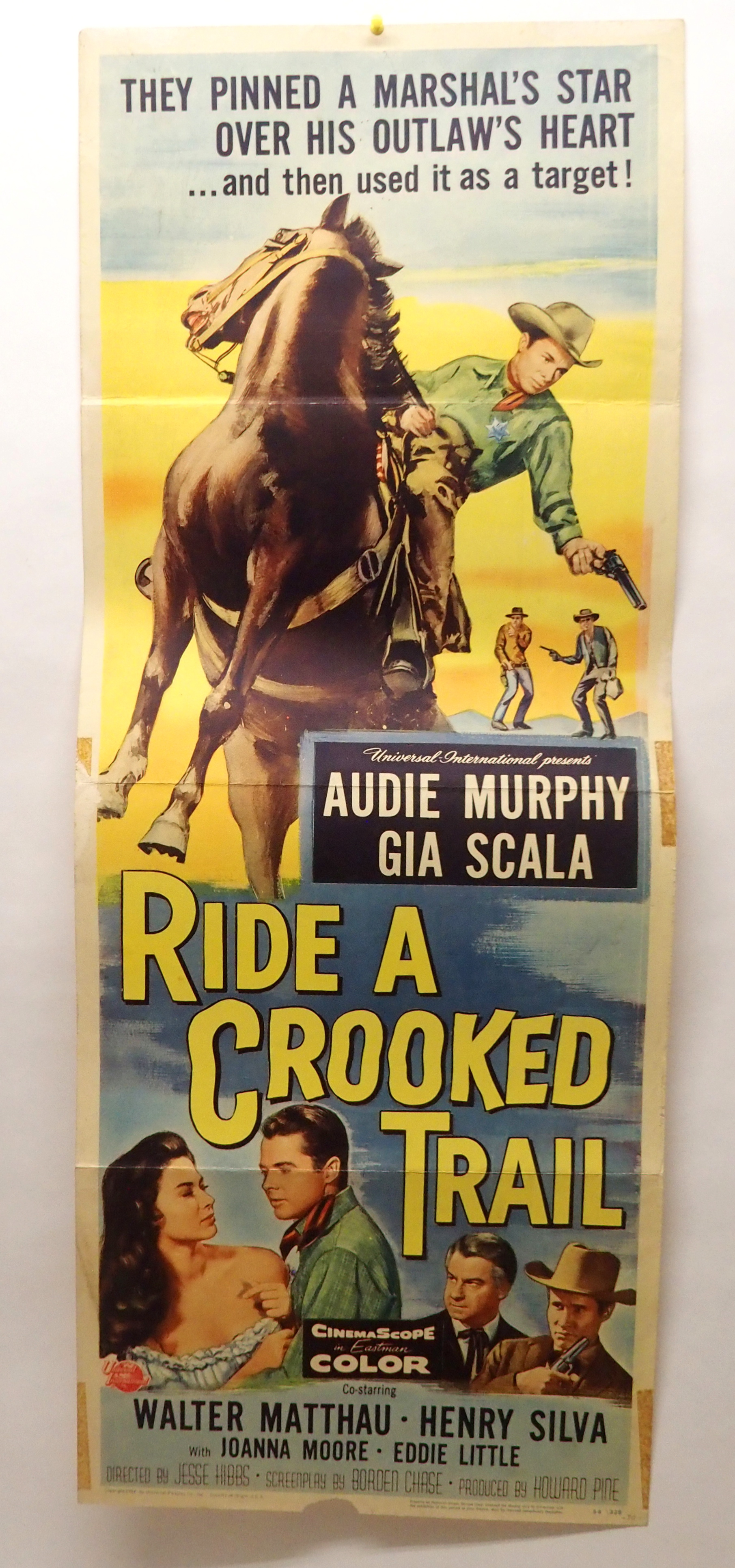 AUDIE MURPHY RIDE A CROOKED TRAIL movie poster, 1958, horizontal folds, 91 x 36cm and KANSAS