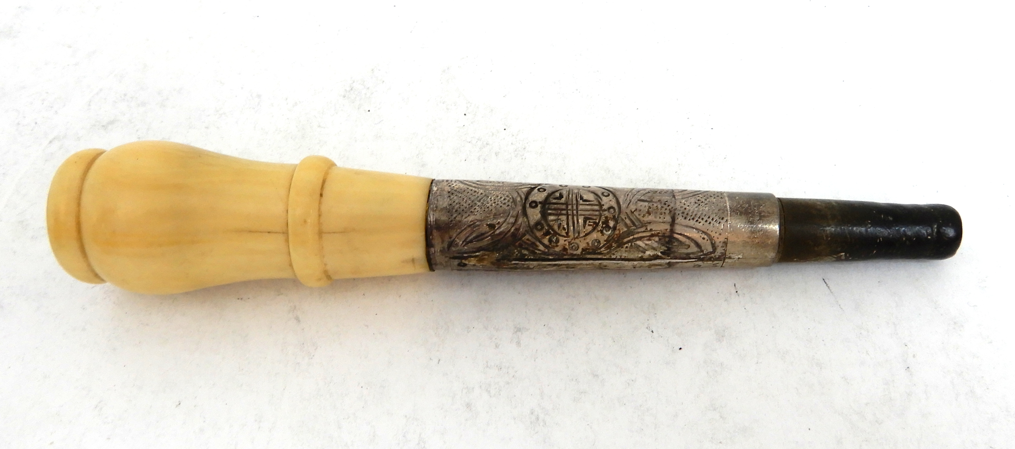 A silver and ivory bagpipe mouthpiece with celtic pattern and a thistle pattern silver bagpipe - Image 5 of 8